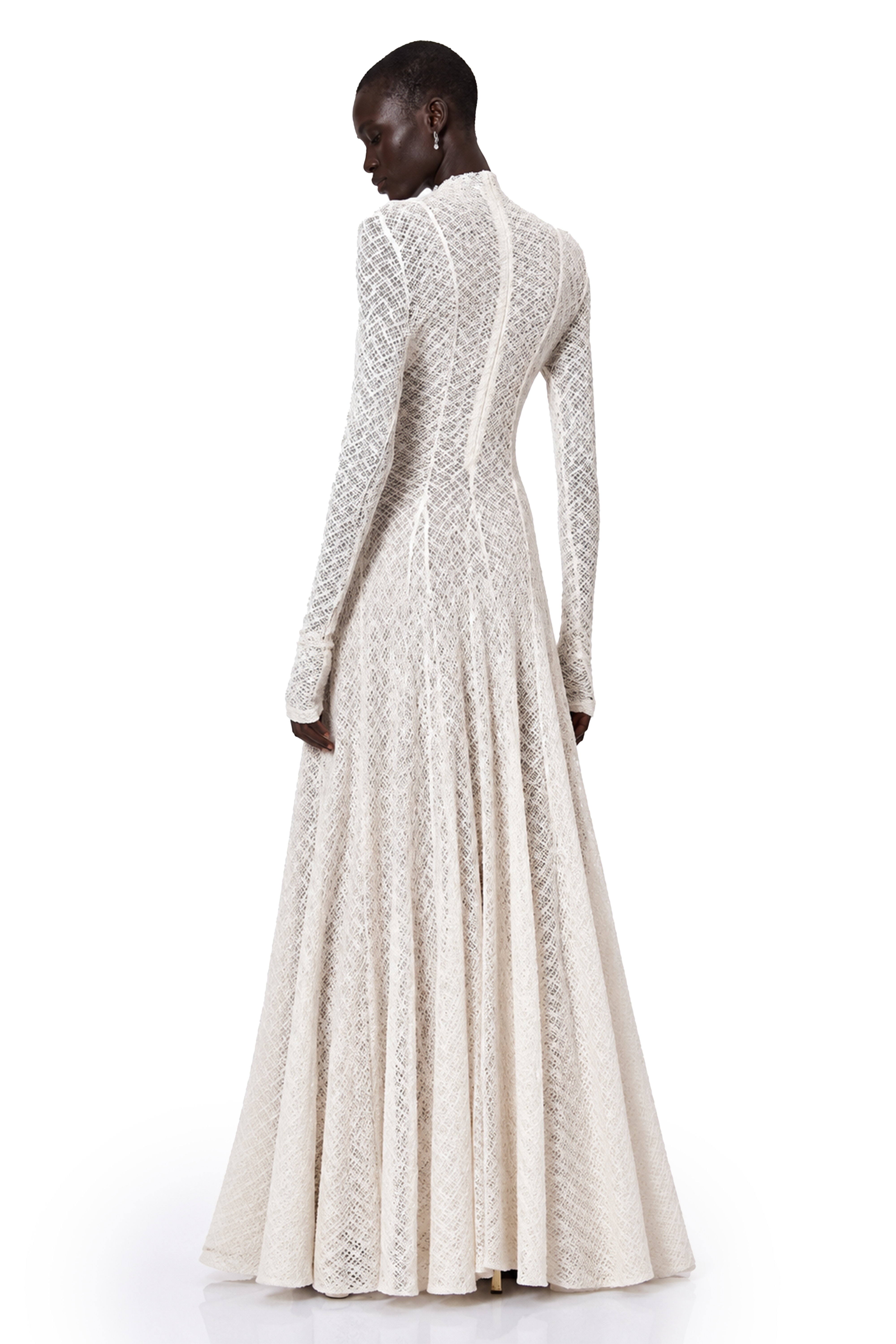 White long-sleeve textured knit gown with a high neck