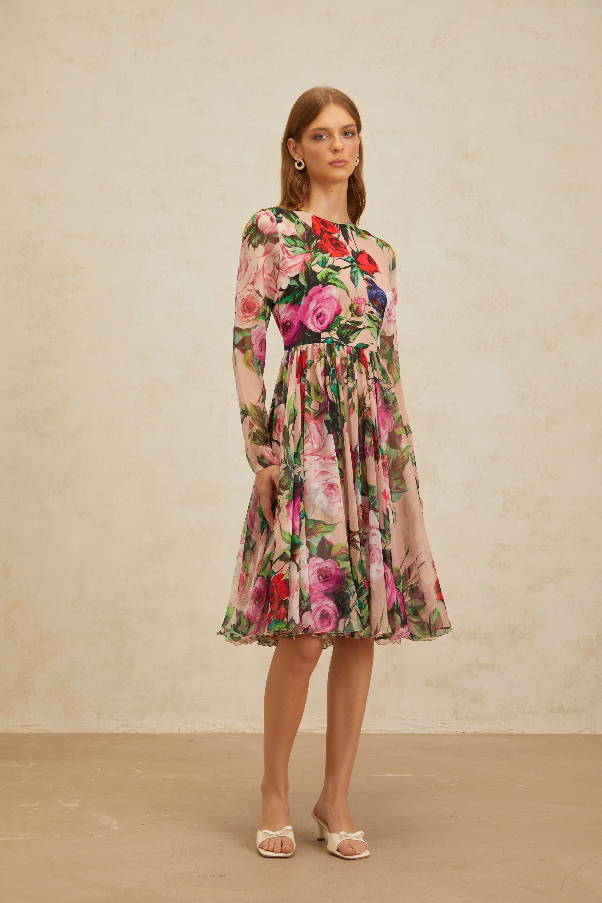 Coralie Pink Rose Print Summer Silk Midi Dress (Final Sale)