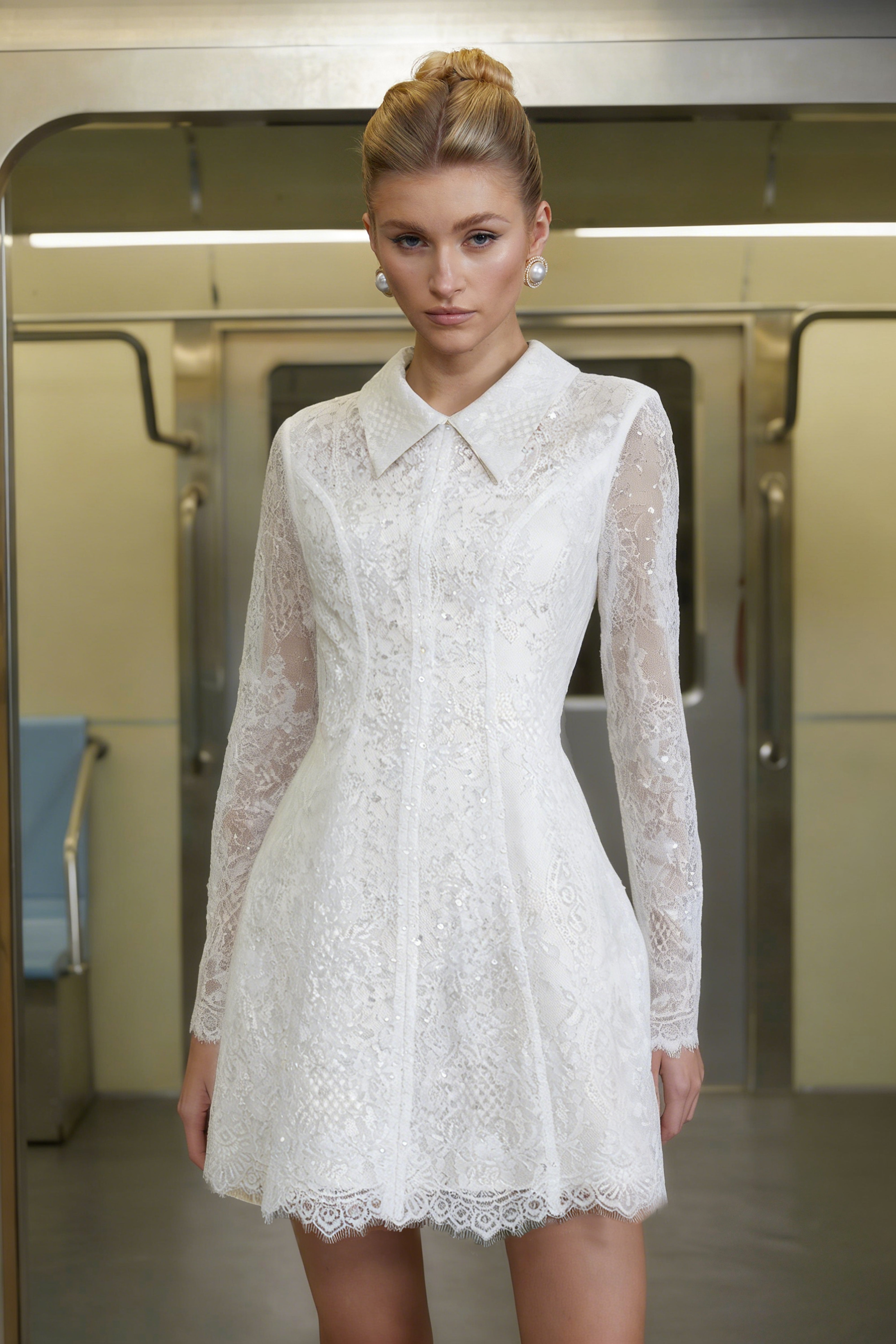 Aleksandra White Sequin Floral Lace Mini Dress (Final Sale-US Only)