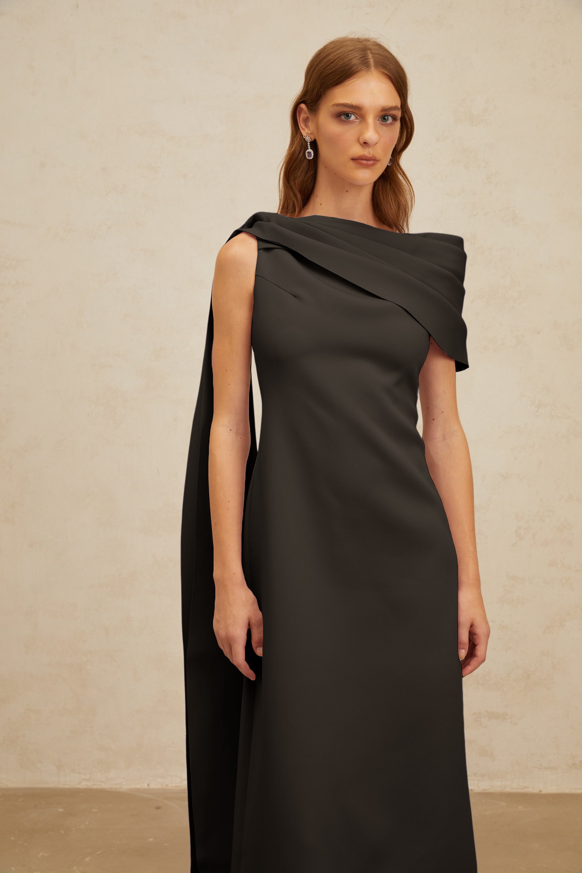 Annabelle Black Cape-Design Ribbon Maxi Dress (Final Sale)