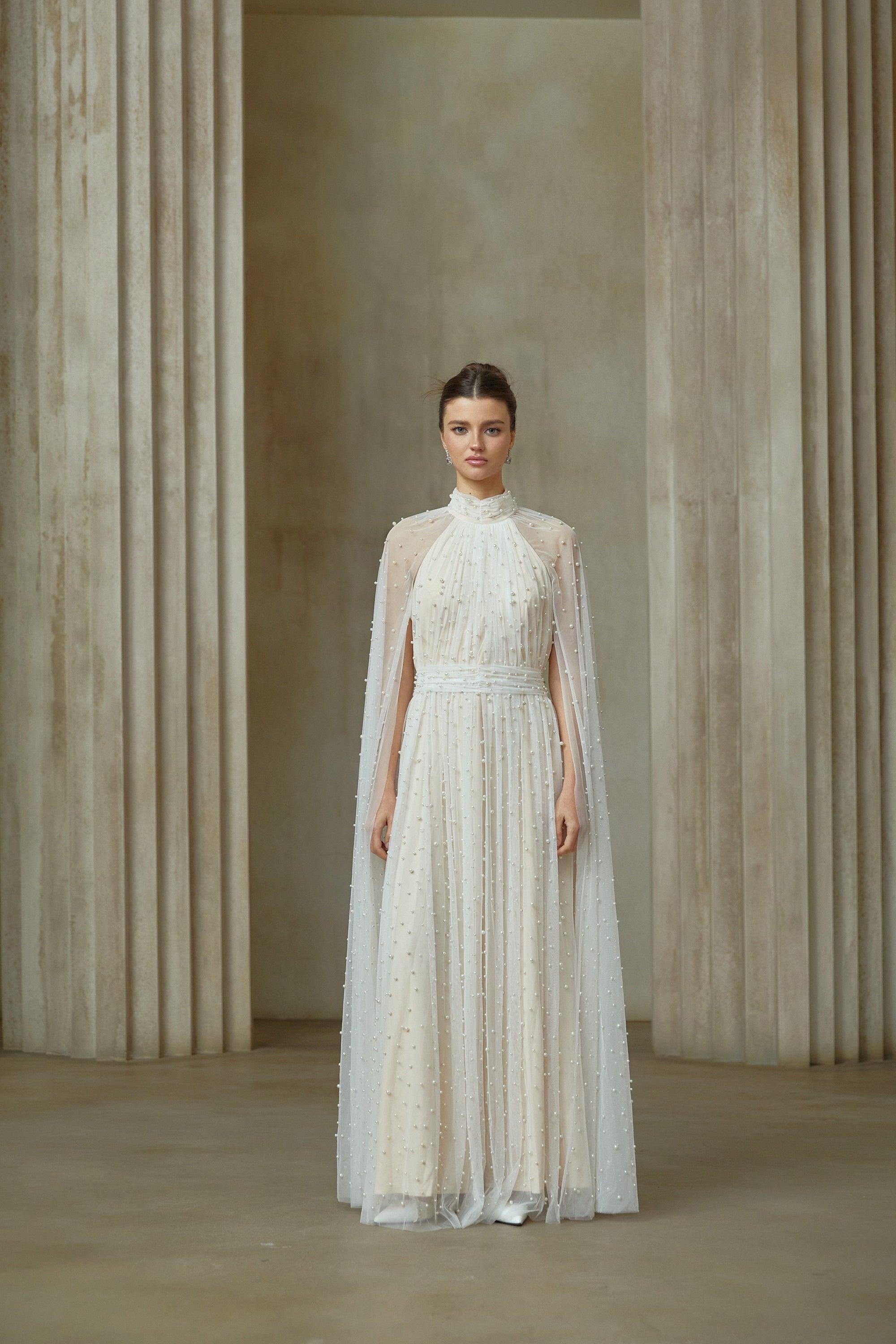Louane white cape-design embellished tulle maxi dress (Final Sale-US Only)