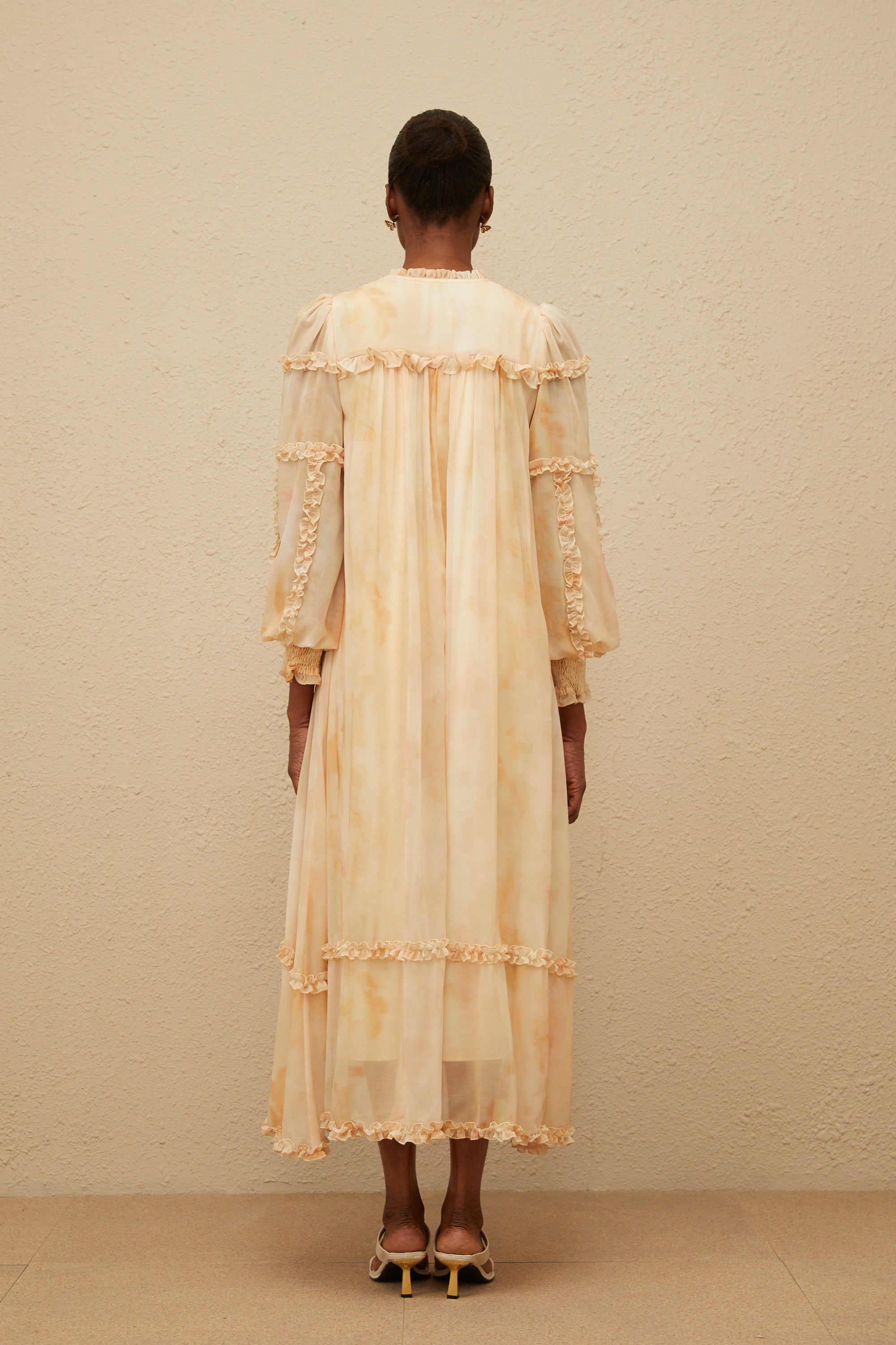 Lecollet Beige Ruffled Tie-Dye Midi Dress (Final Sale-US Only)