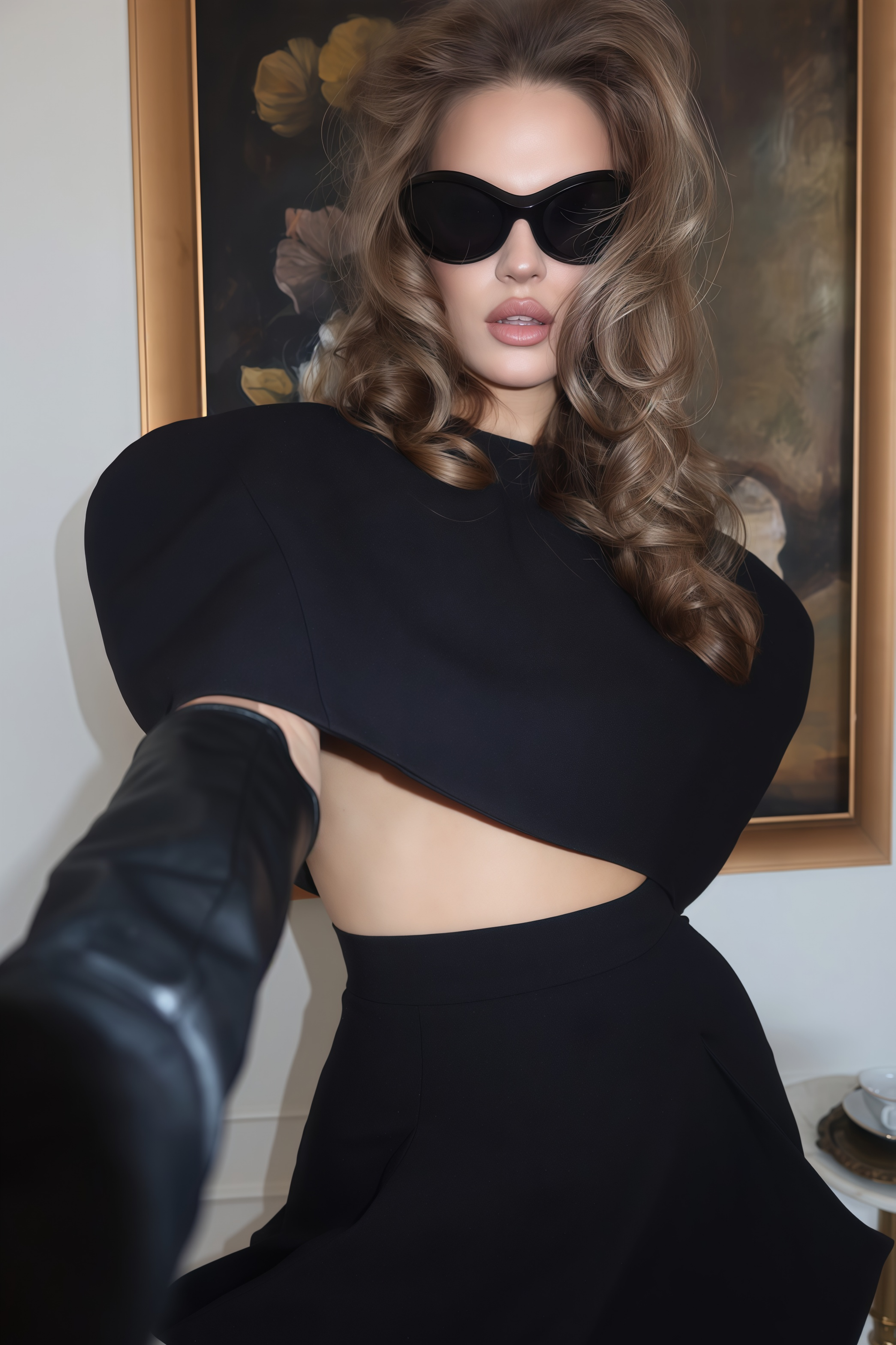Black structured two-piece midi set with a boxy crop top and an exaggerated hip midi skirt