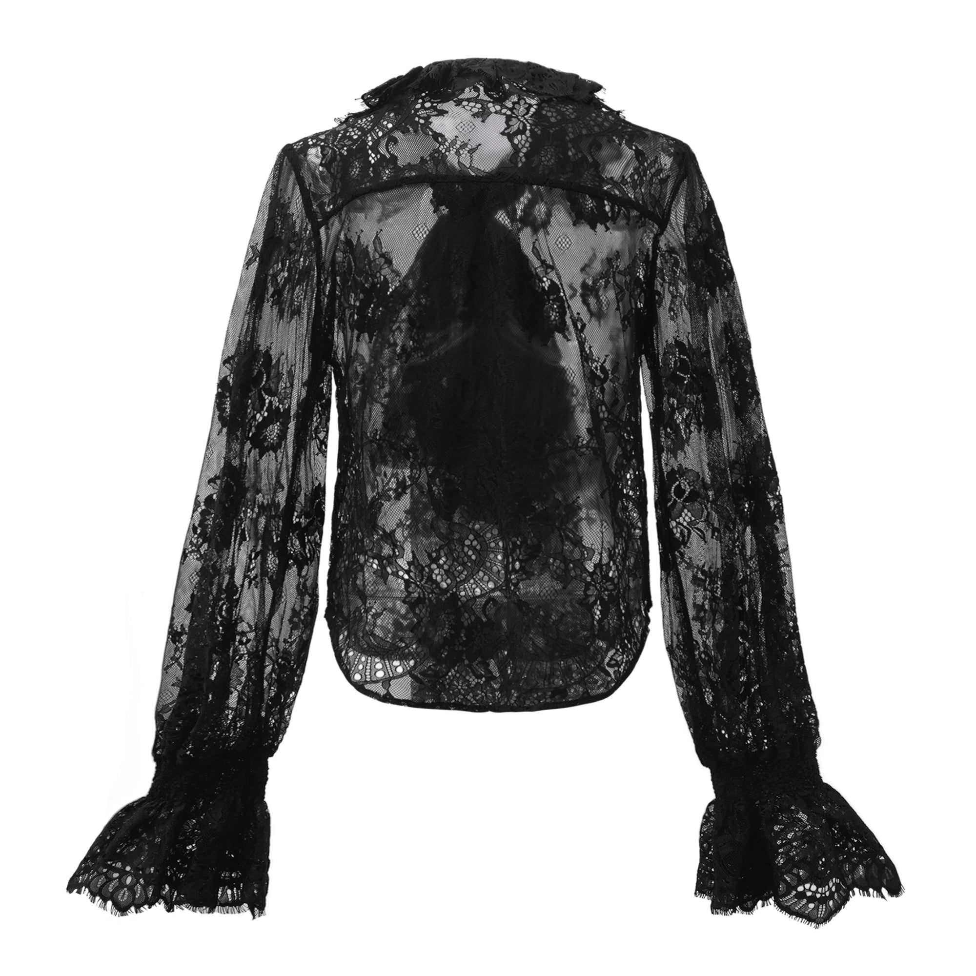 Quintine Black Ribbon Tie-Neck Floral Lace Blouse (Final Sale)