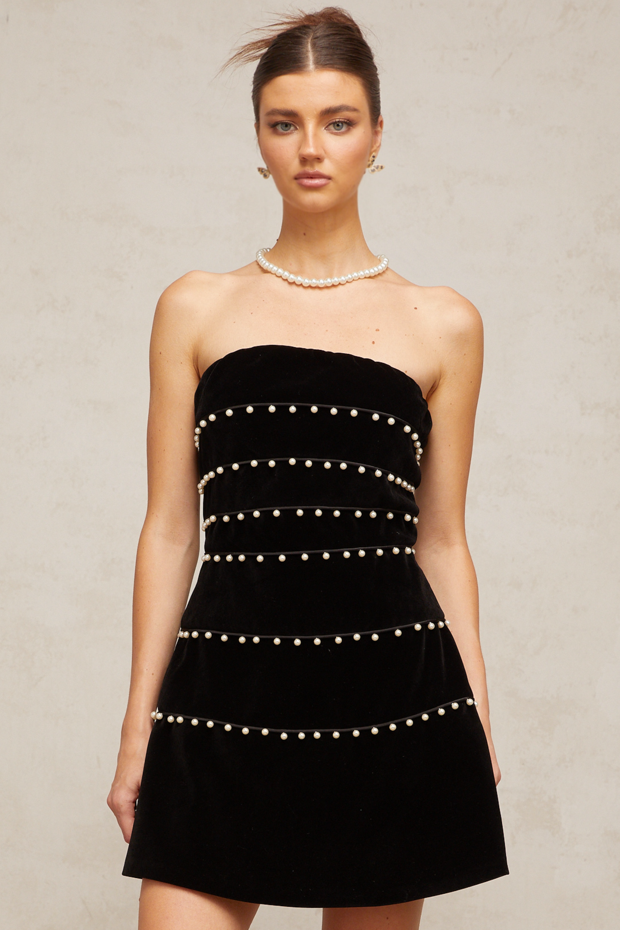 Camille black faux-pearl velvet mini dress (Final Sale)