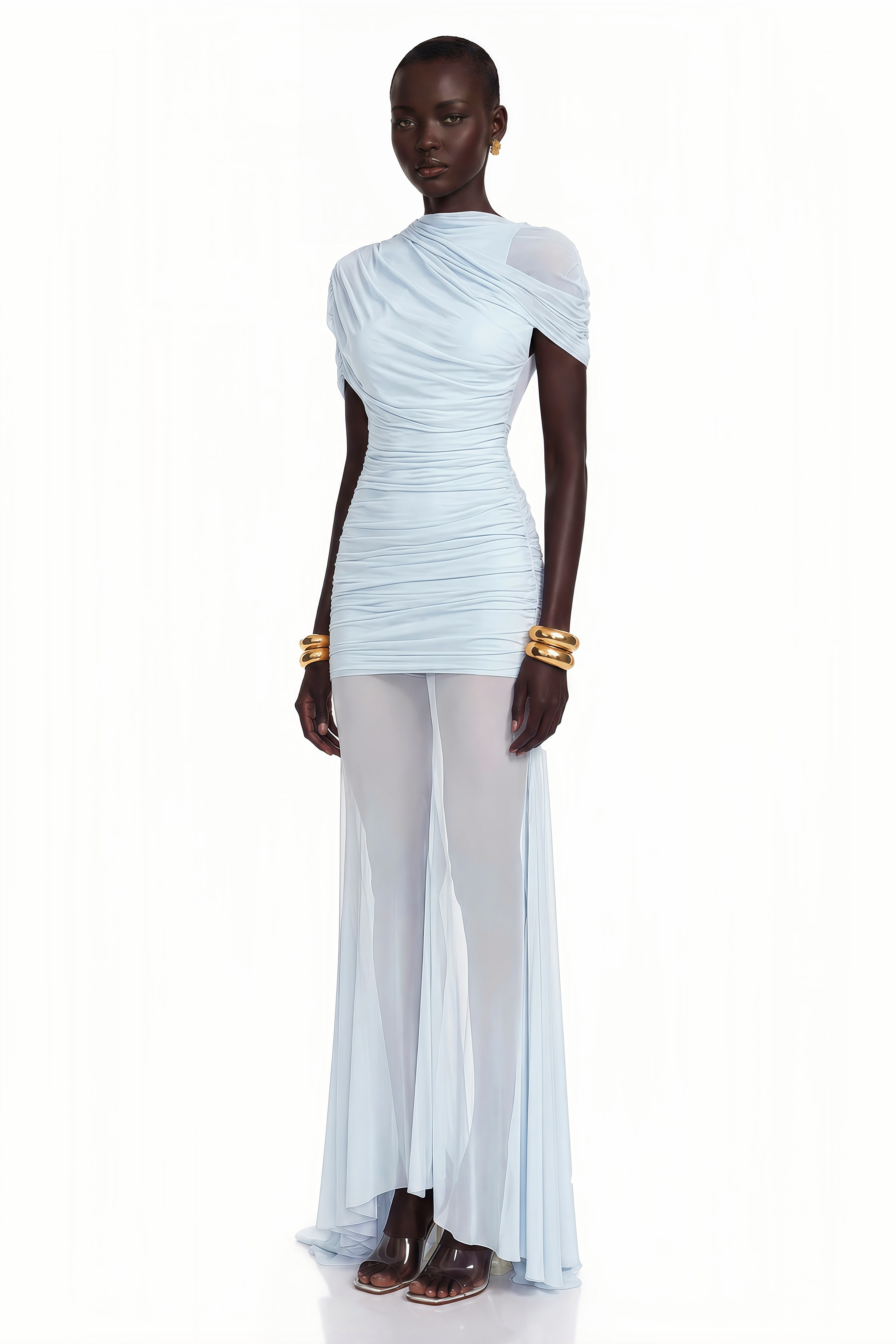 Sylphe Blue Asymmetrical Ruched Mesh Maxi Dress