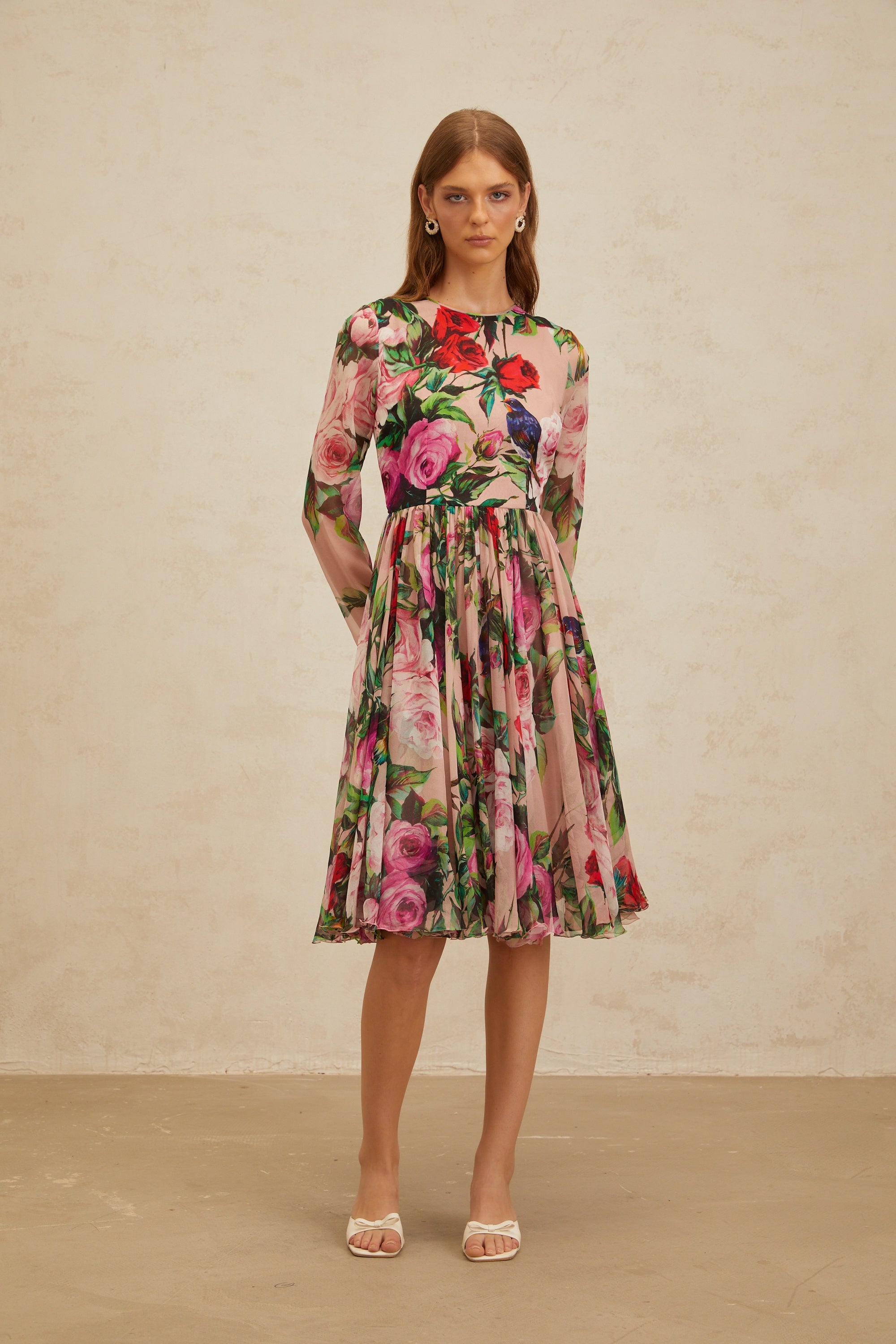 Coralie Pink Rose Print Summer Silk Midi Dress (Final Sale)
