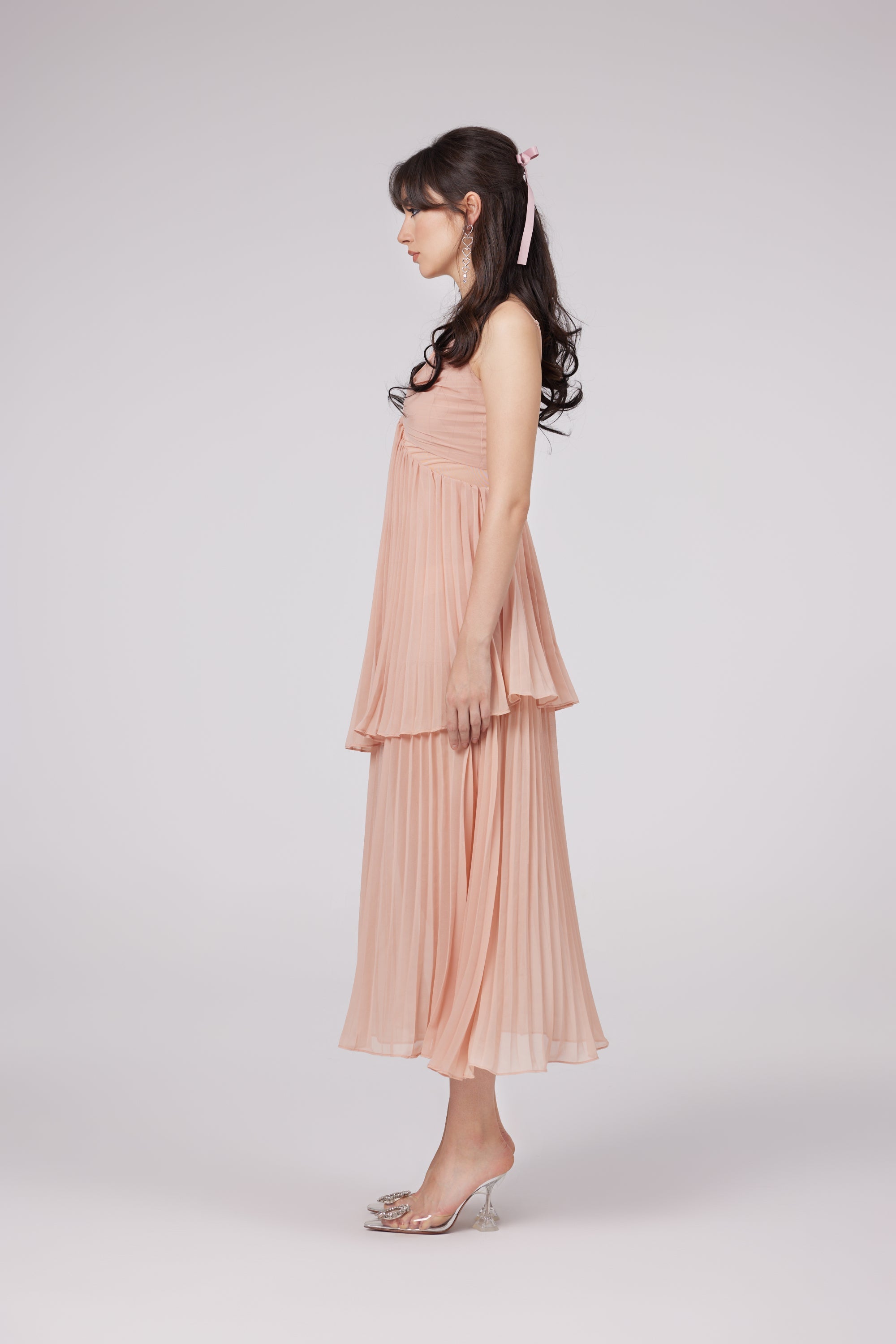 Olympe pink pleated tiered midi dress (Final Sale-US Only)