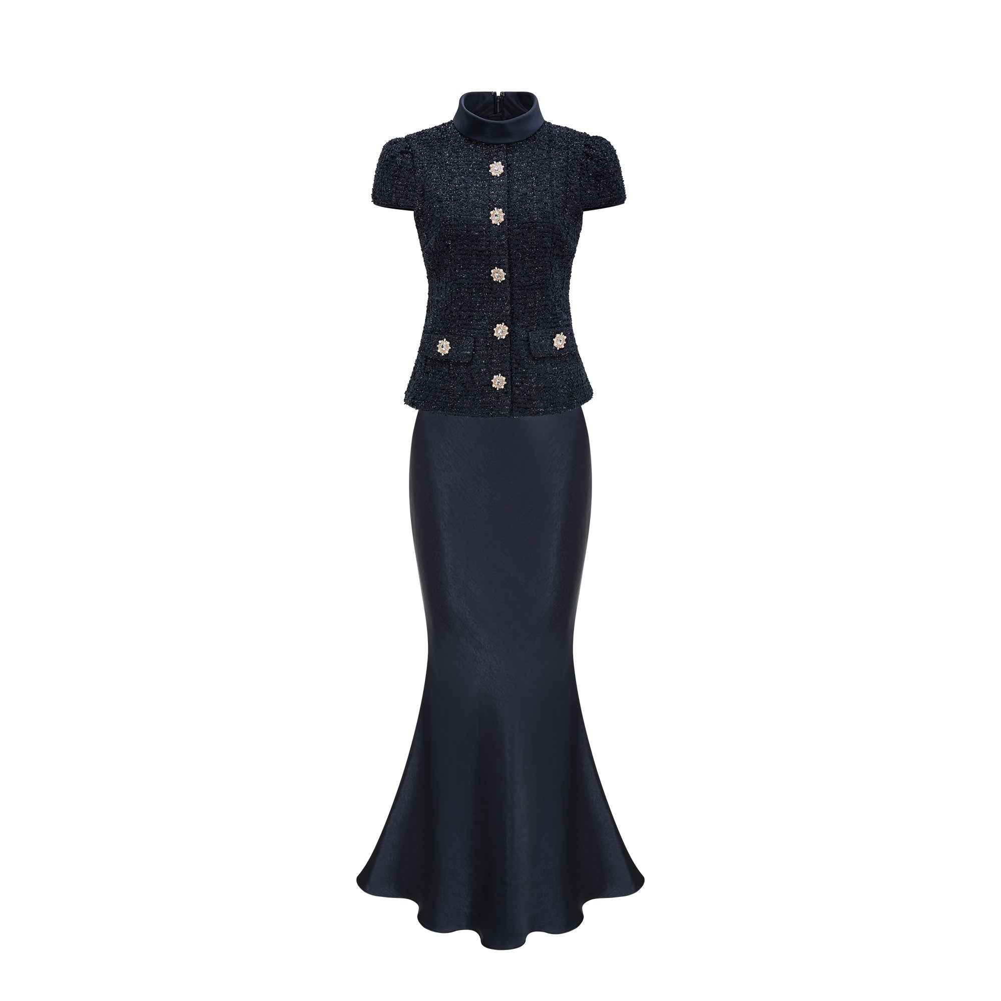 Josette Blue Peplum-Waist Paneled Maxi Dress