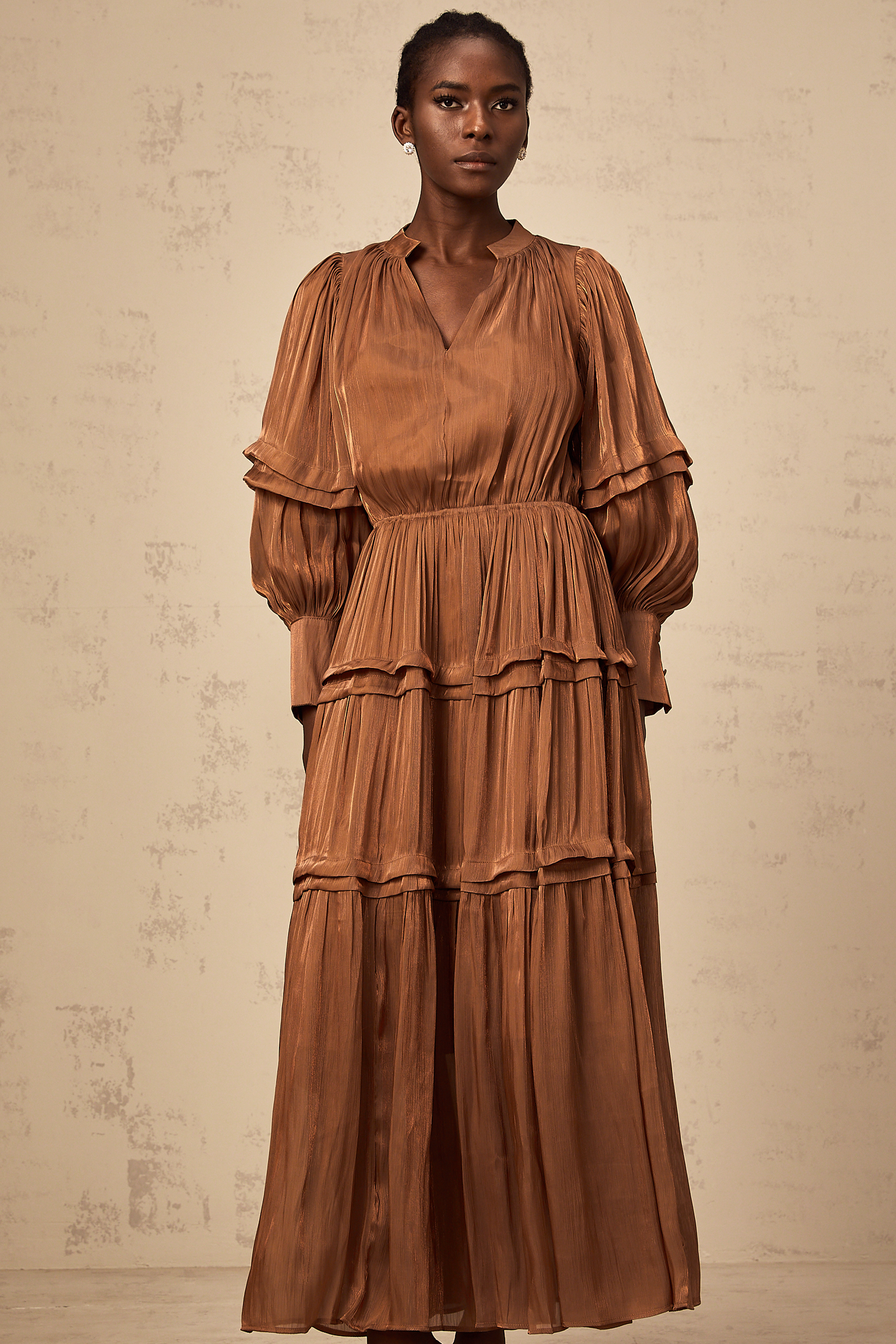 Emma brown ruffled-trim tiered maxi dress