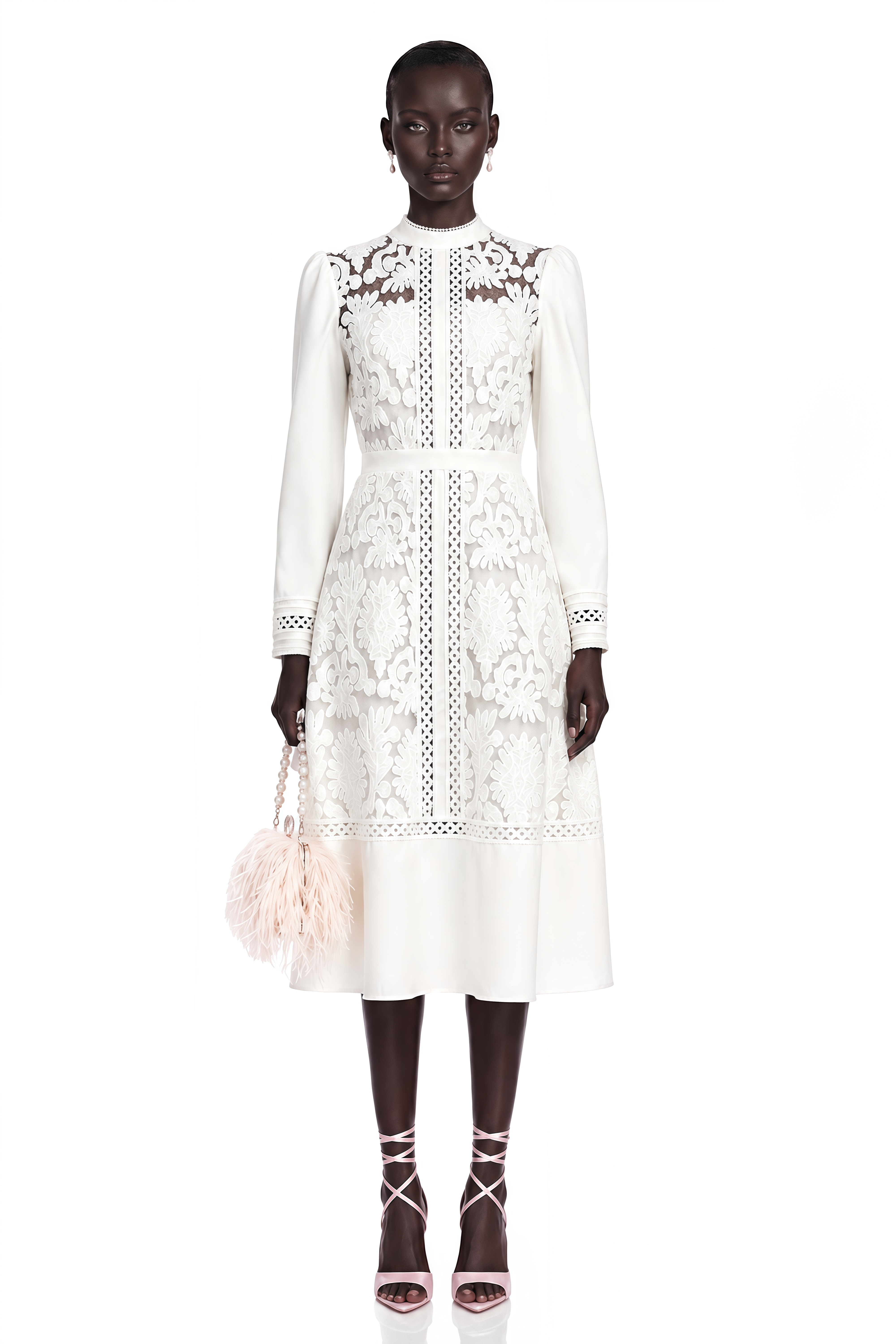 Madeleine White Paneled Embroidered Midi Dress