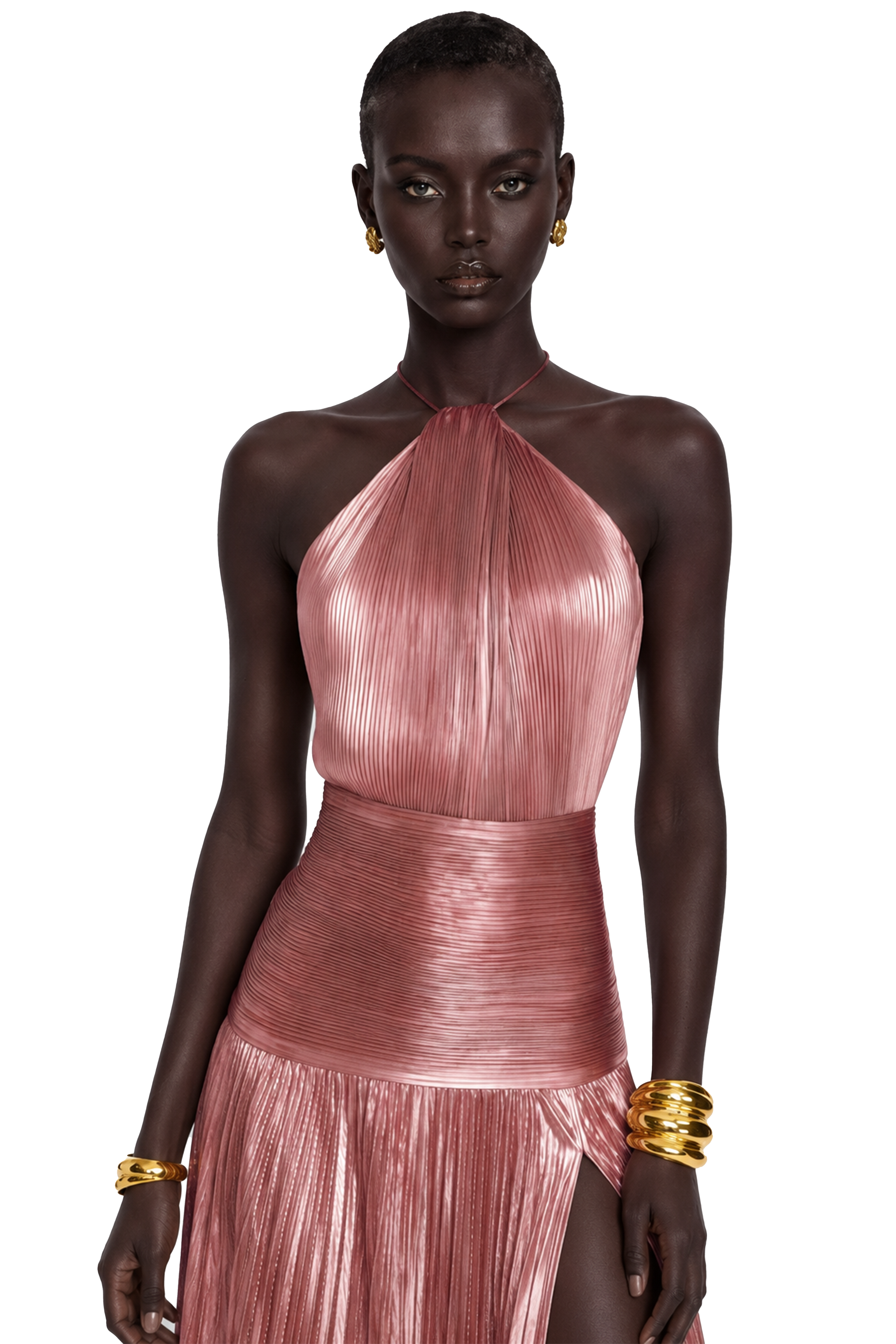 Metallic pink halter gown with a pleated skirt and high slit