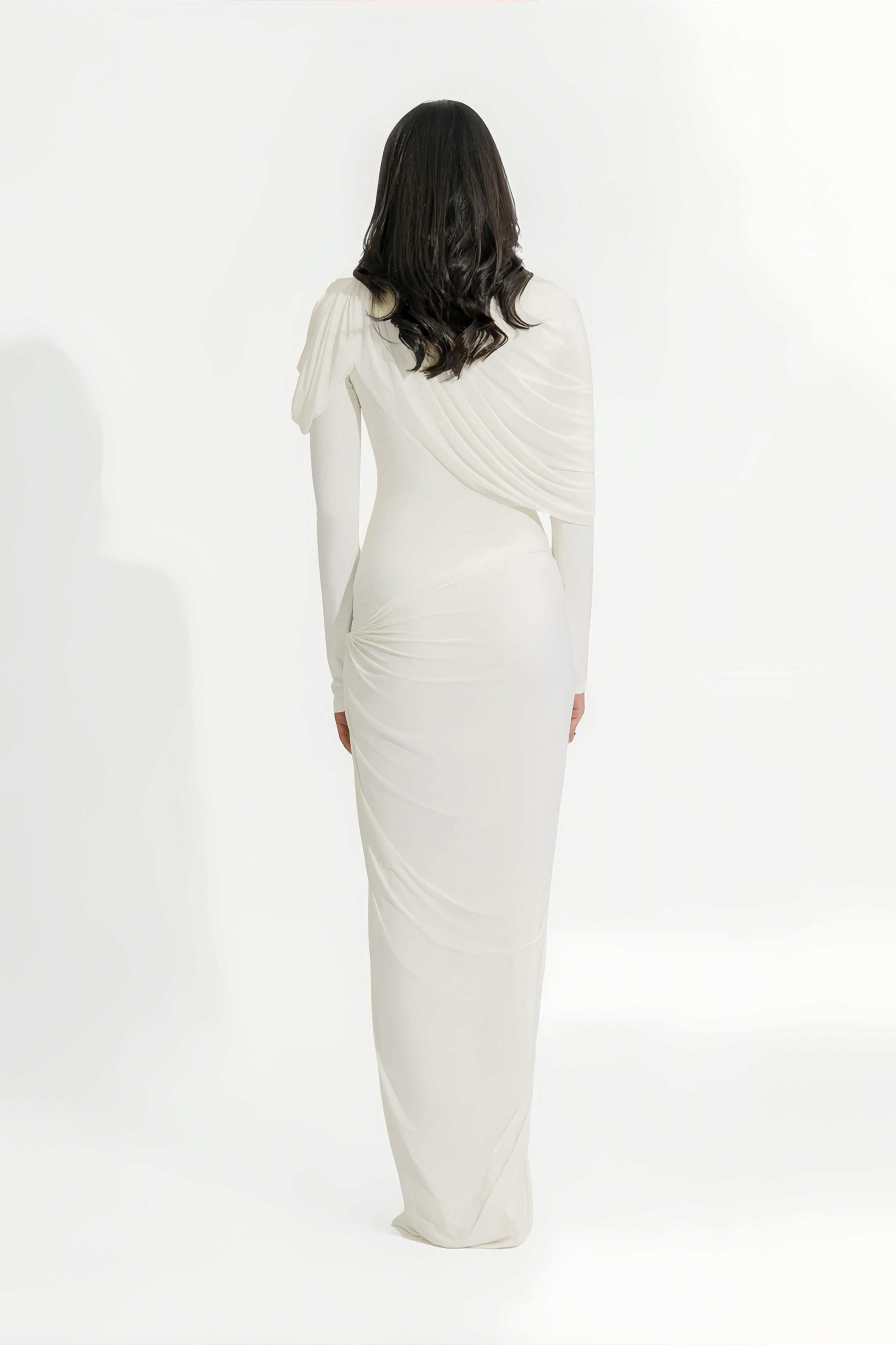 Bronwyn White Draped Pleated Asymmetrical Maxi Dress (Final Sale)