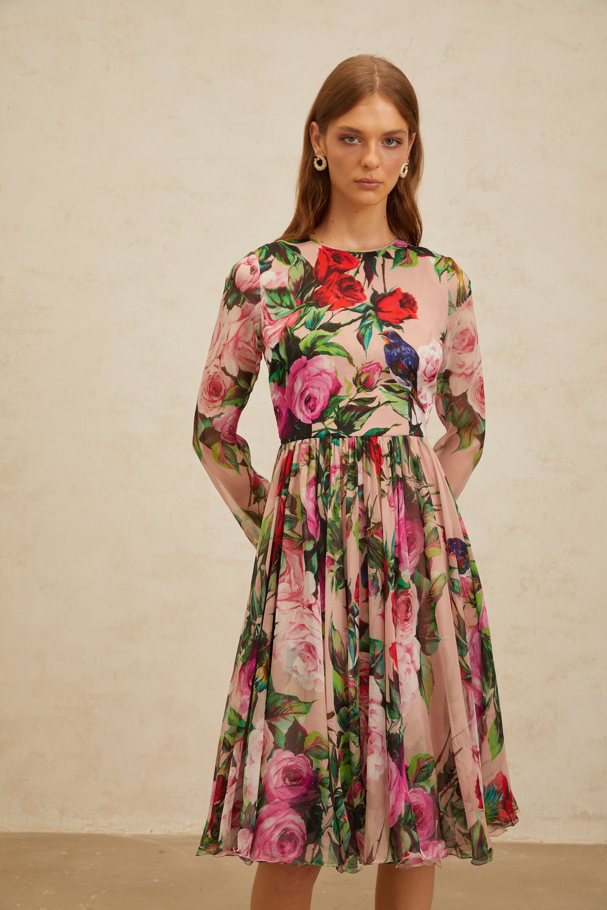 Coralie Pink Rose Print Summer Silk Midi Dress (Final Sale)