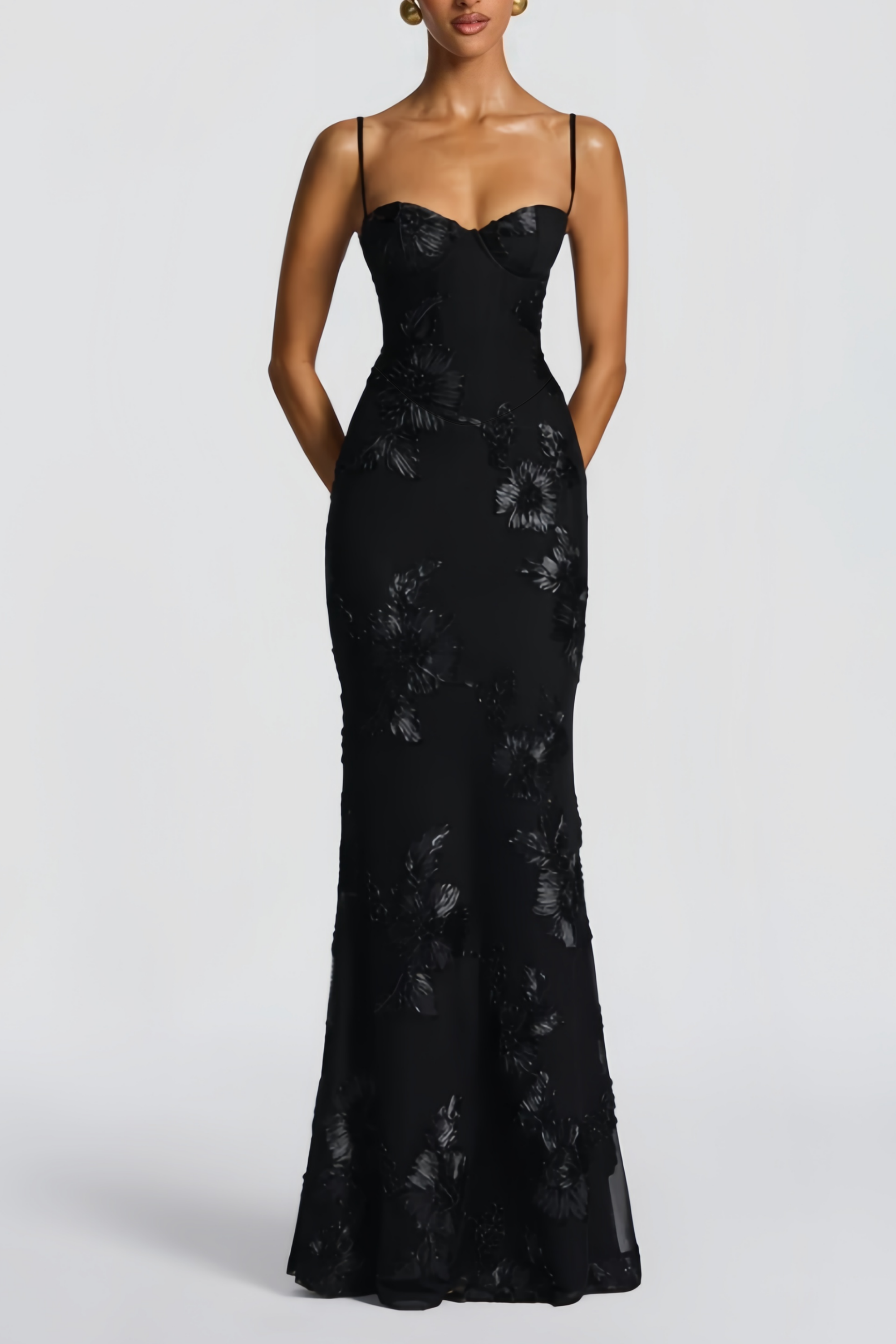 Black Floral Ribbon Appliques Dress