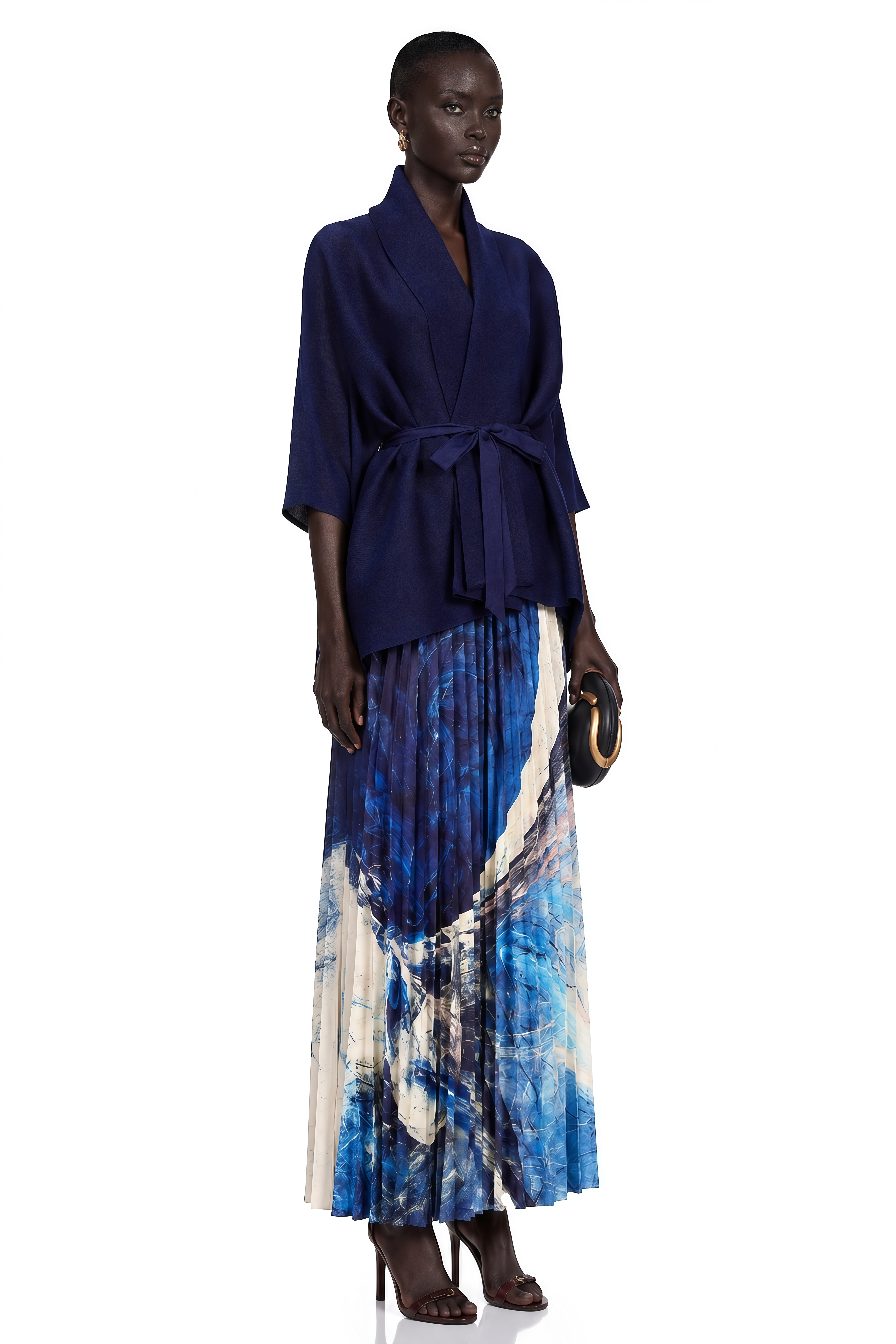 Debbie Blue Pattern-Print Creased Cape & Skirt Matching Set