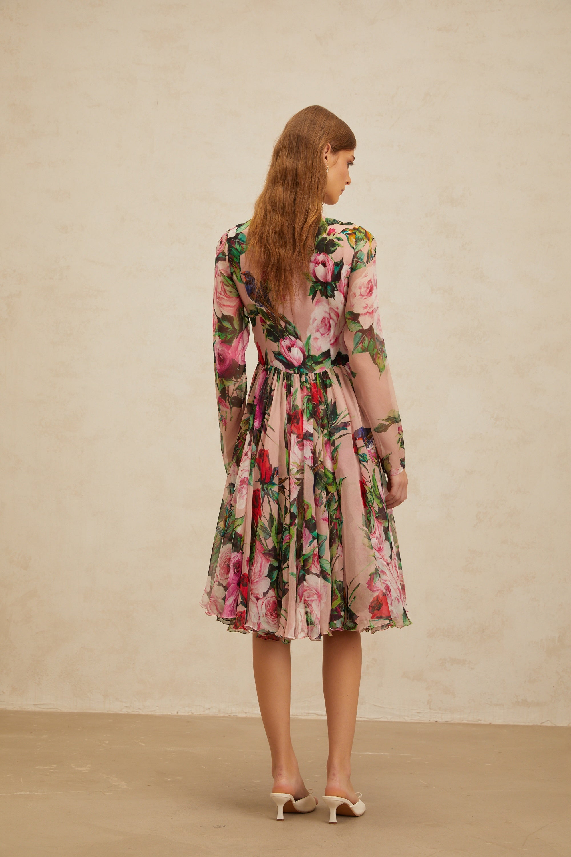 Coralie Pink Rose Print Summer Silk Midi Dress (Final Sale)