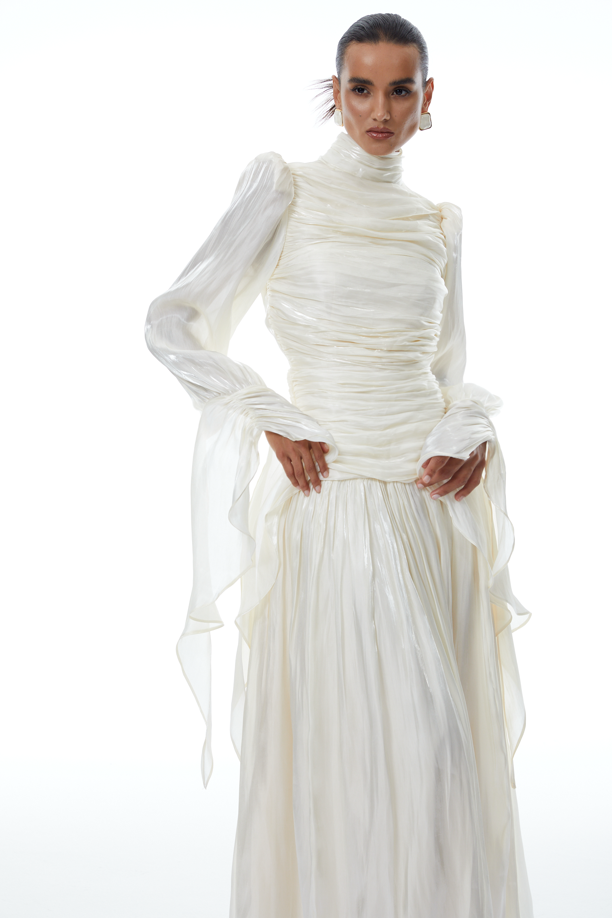 Sarolta Neutral Glossy Ruched Maxi Dress (Final Sale)