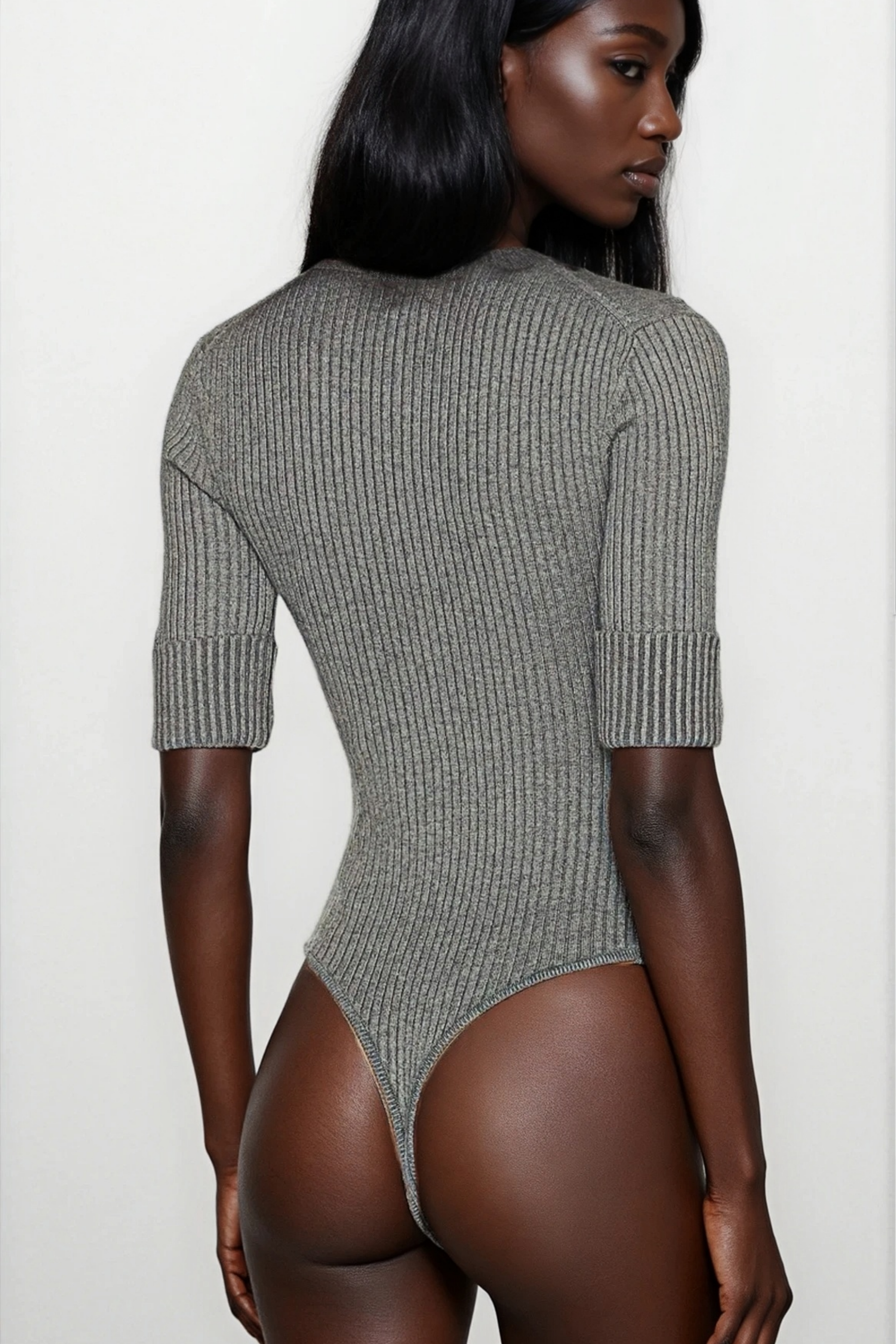 Grey Ribbed Knit Bodysuit & Trousers Set
