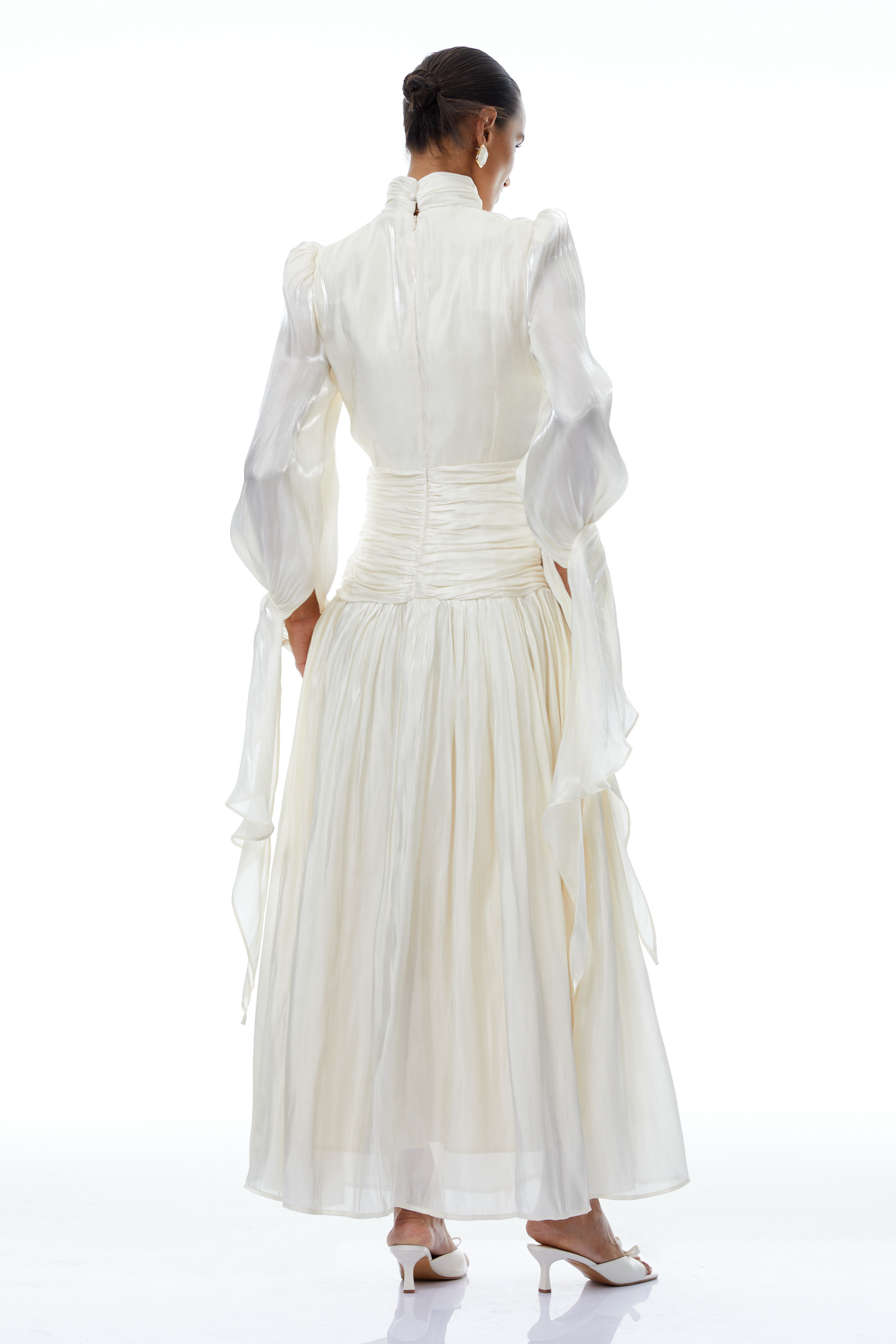 Sarolta Neutral Glossy Ruched Maxi Dress (Final Sale)