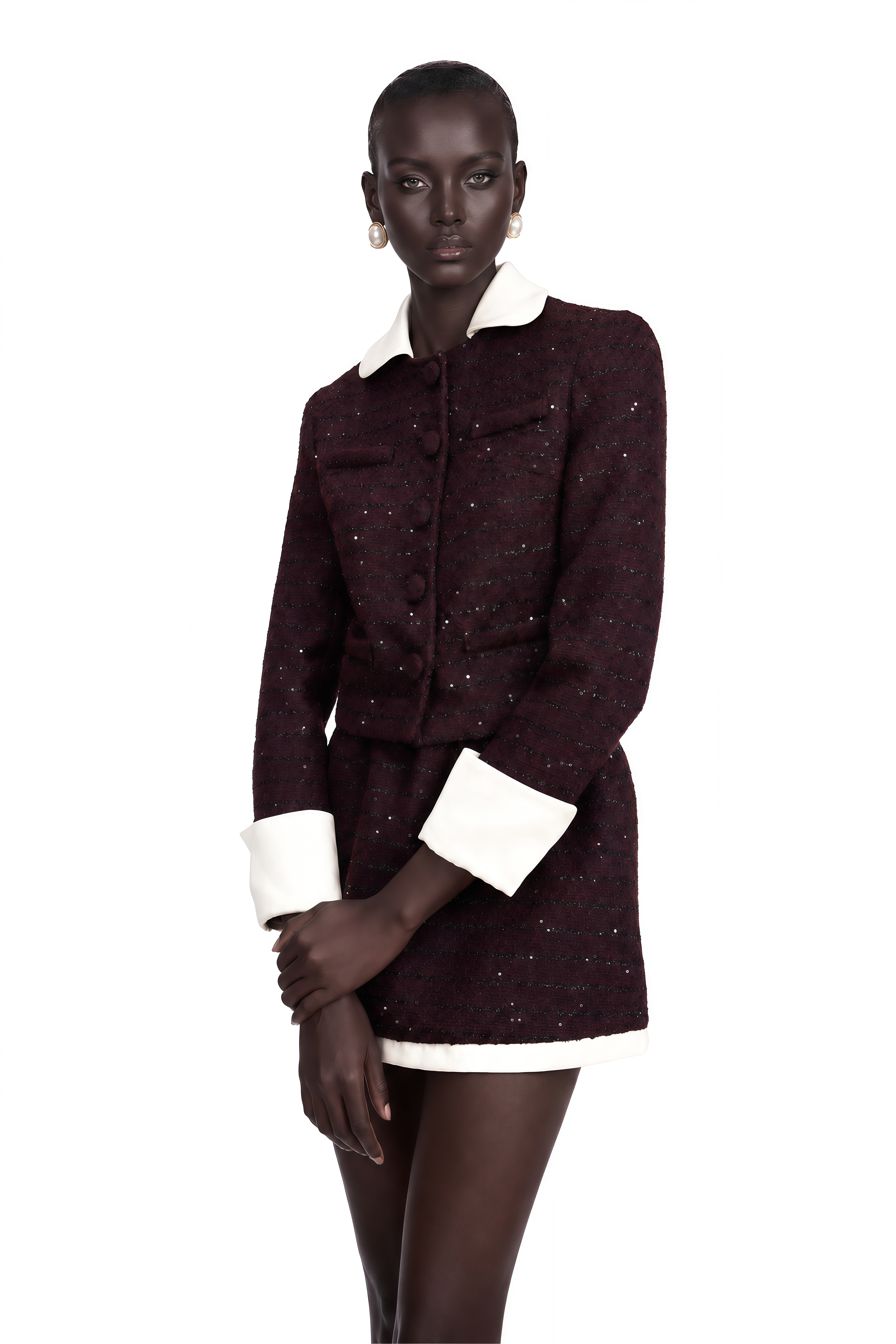 Purple tweed jacket and mini skirt set