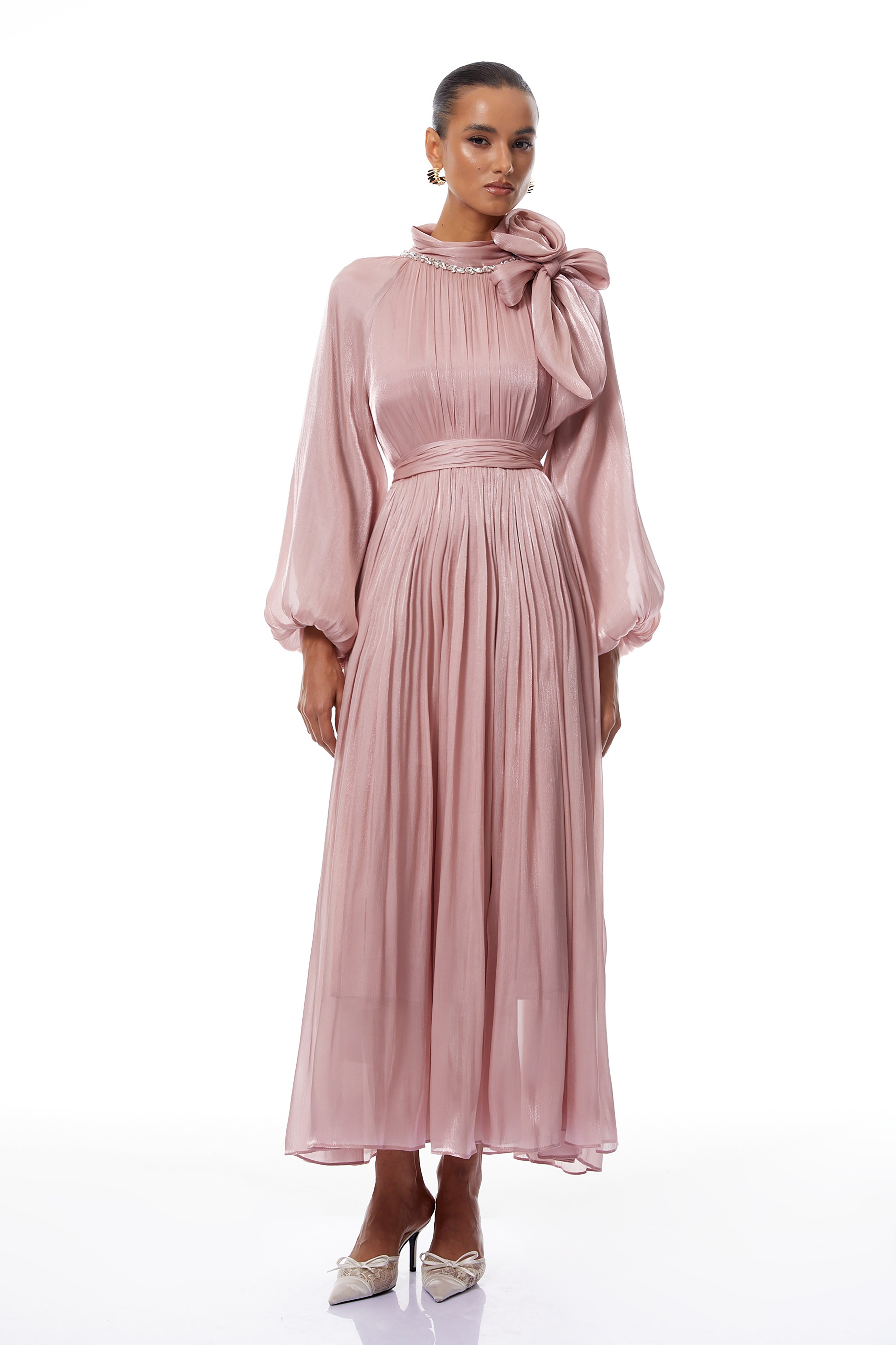 Birna Pink Floral Pleated Glossy Maxi Dress (Final Sale-US Only)