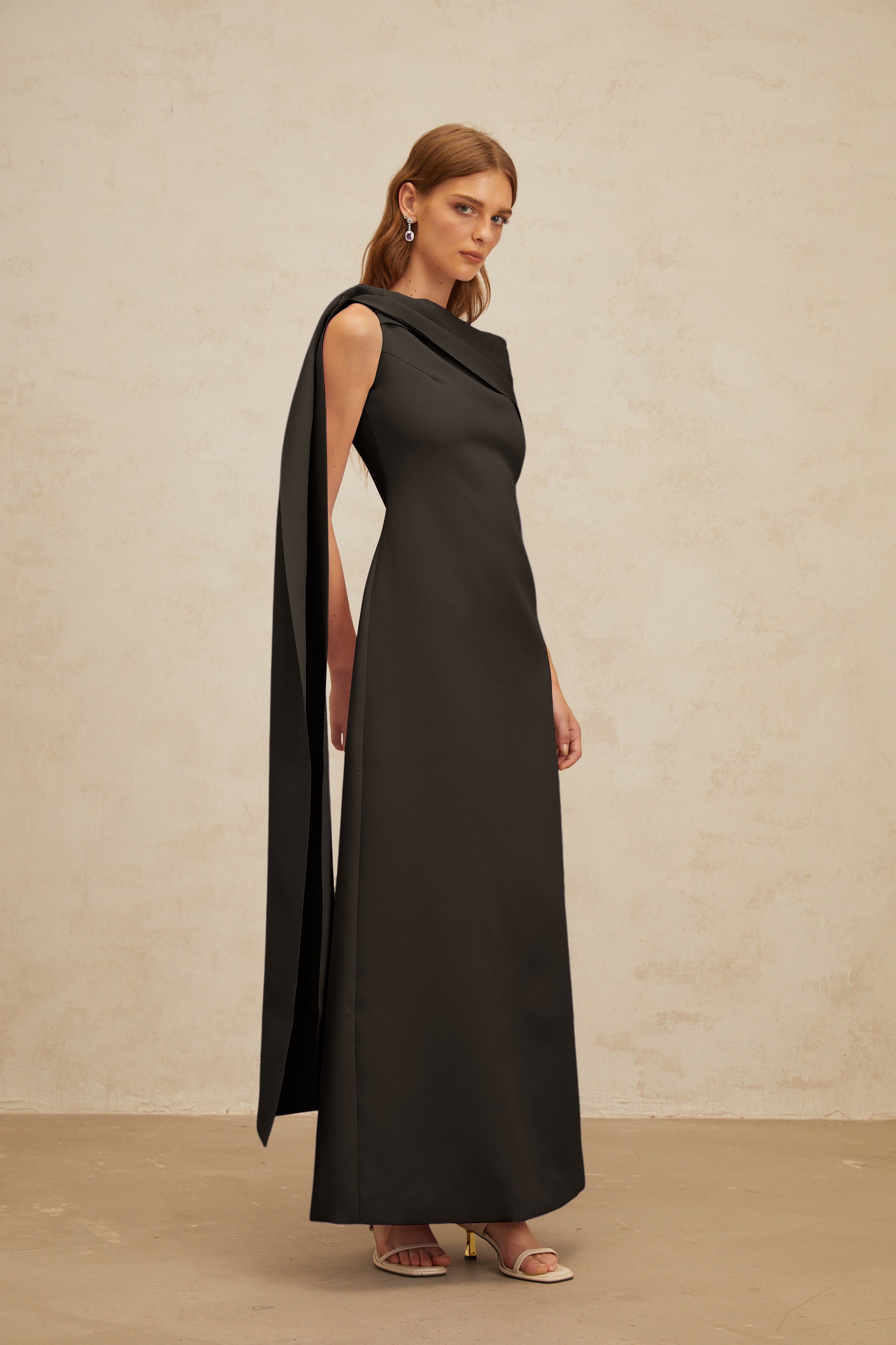 Annabelle Black Cape-Design Ribbon Maxi Dress (Final Sale)