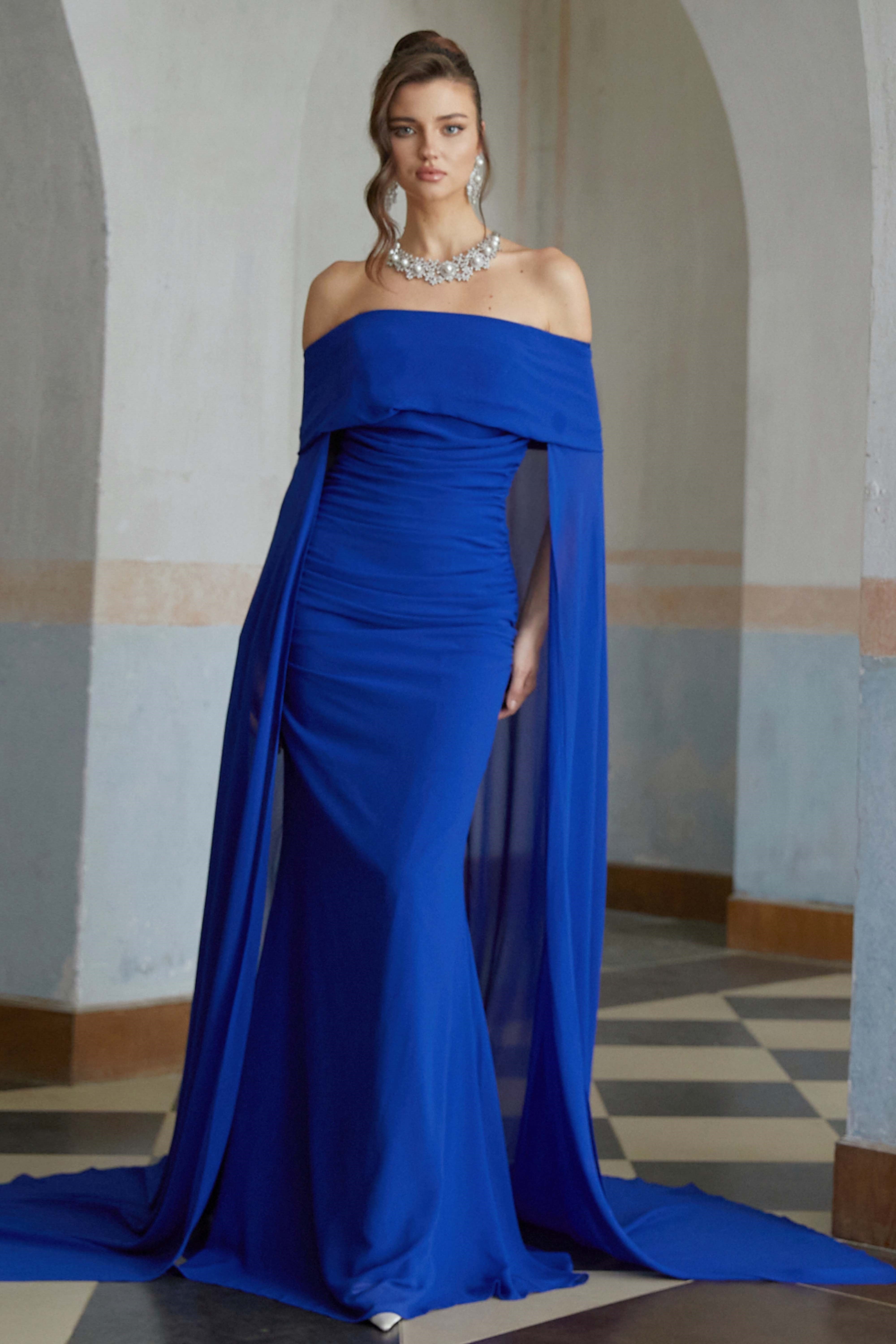 Jovie Blue Cape Design Ruched Maxi Gown (Final Sale)