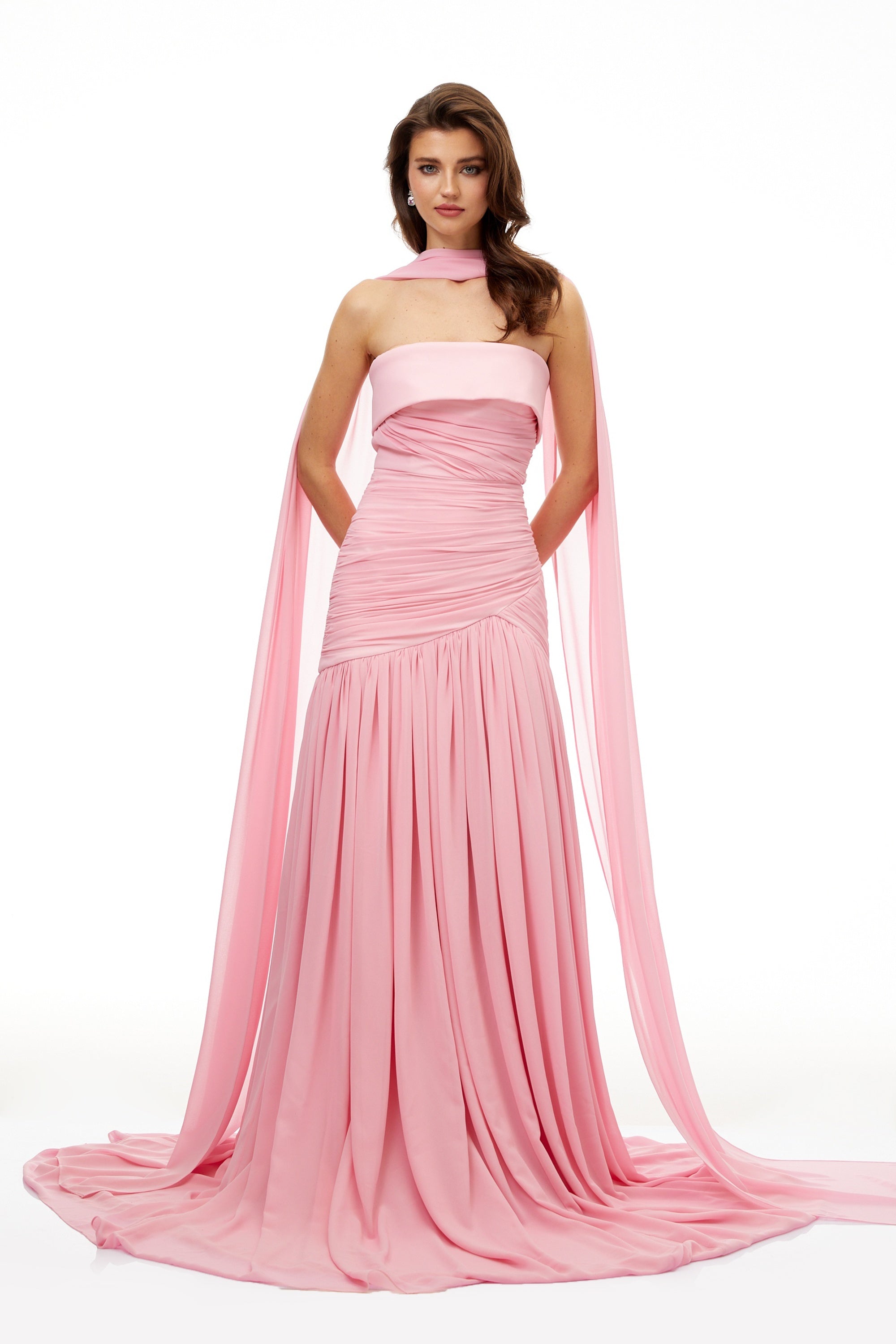Laetitia Pink Pleated Train Ruched Maxi Dress (Final Sale)