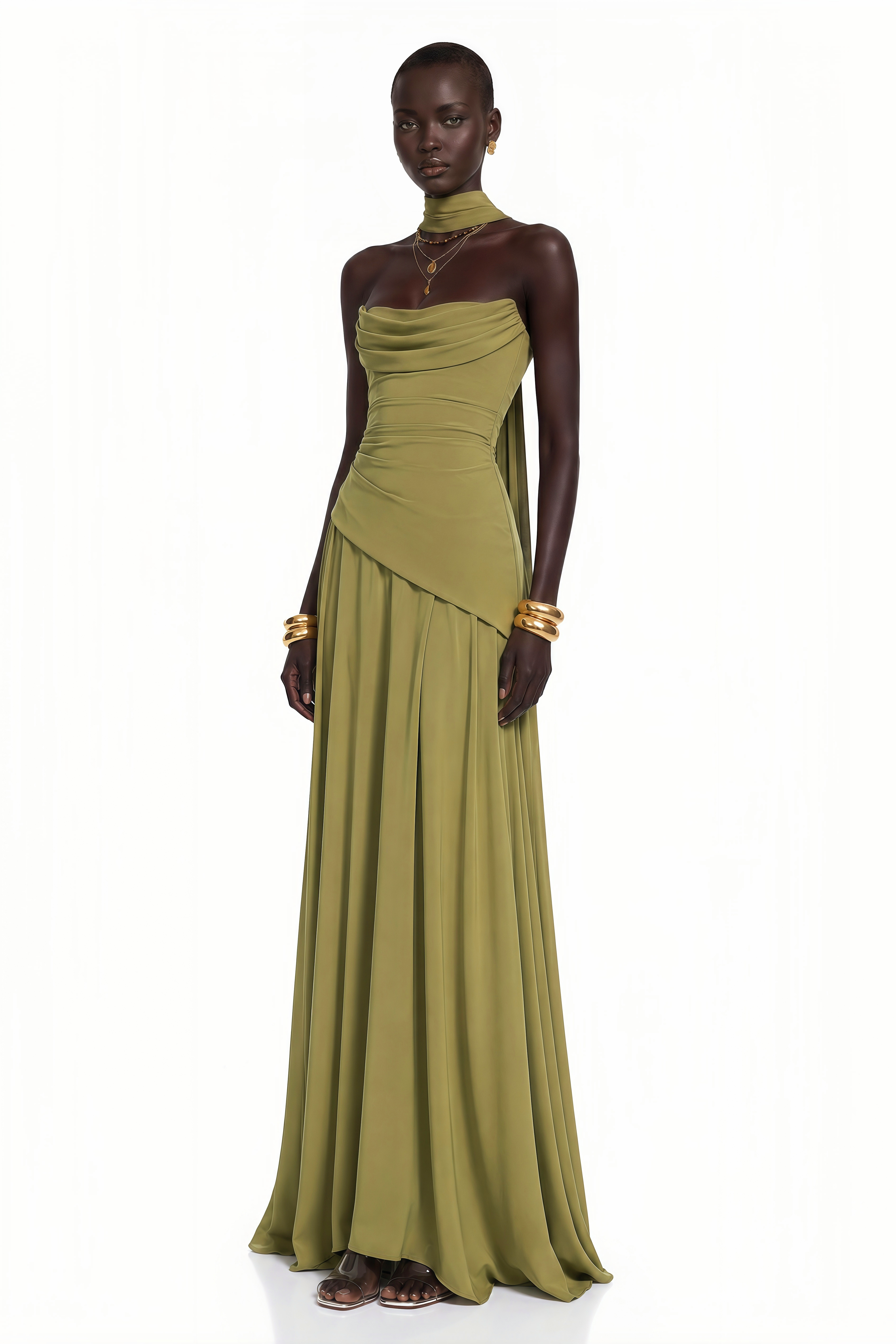 Romane Green Strapless Corset Chiffon Maxi Dress