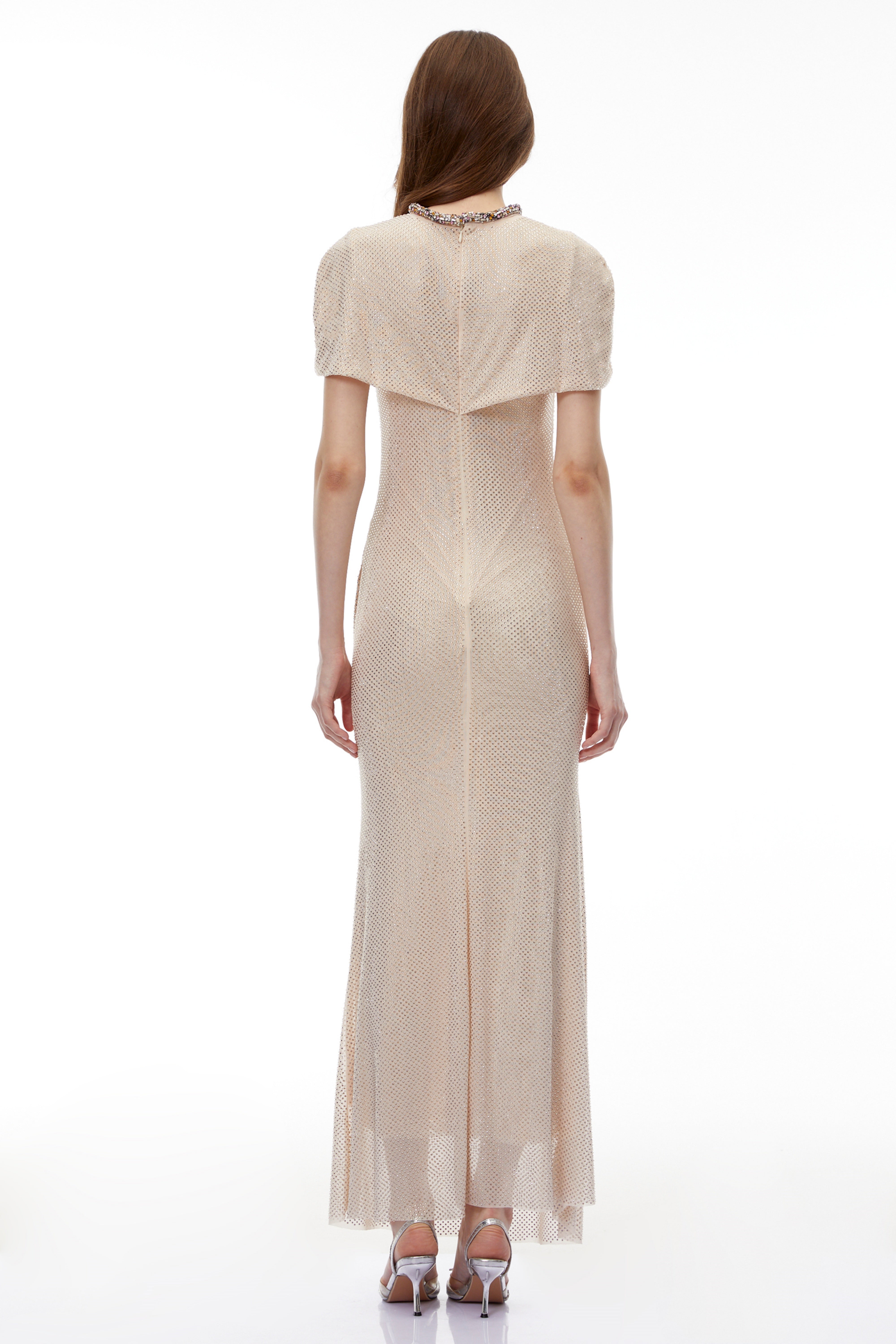 Abigail Champagne Cape Sleeve Rhinestone Maxi Dress (Final Sale-US Only)