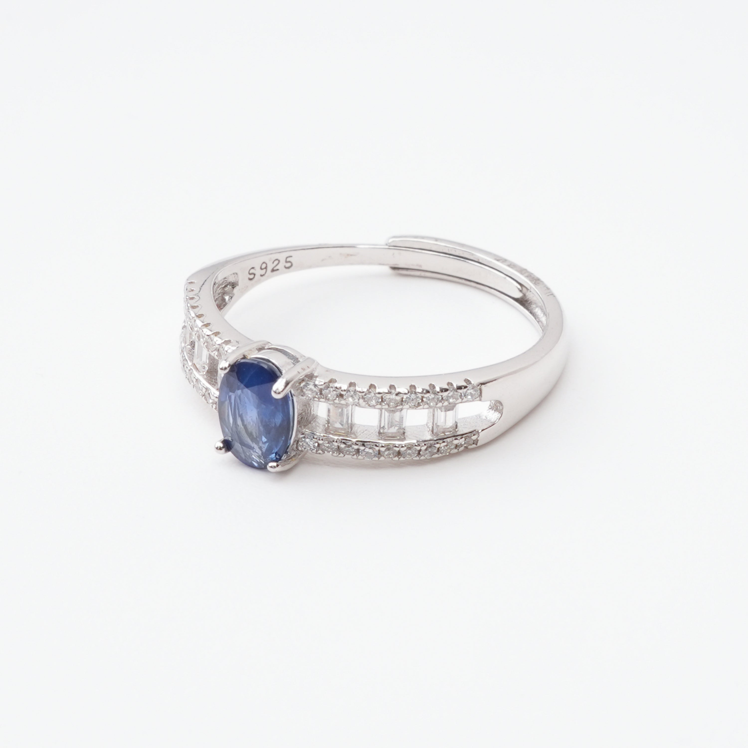 Adeline Sapphire Blue Oval Cut Openwork Baguette Sterling Silver Ring
