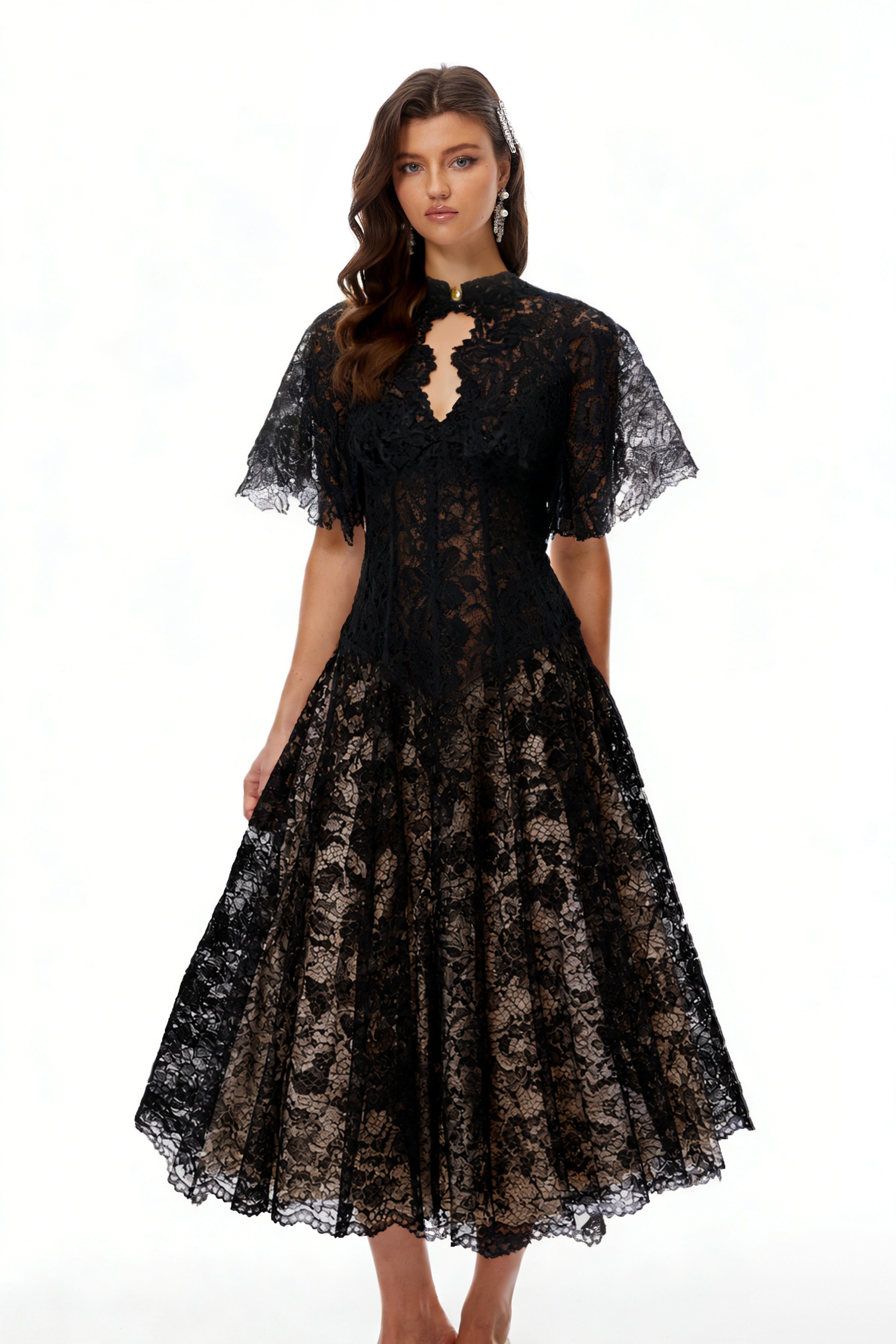 Alaia Black Cape Design Floral Lace Midi Dress (Final Sale)