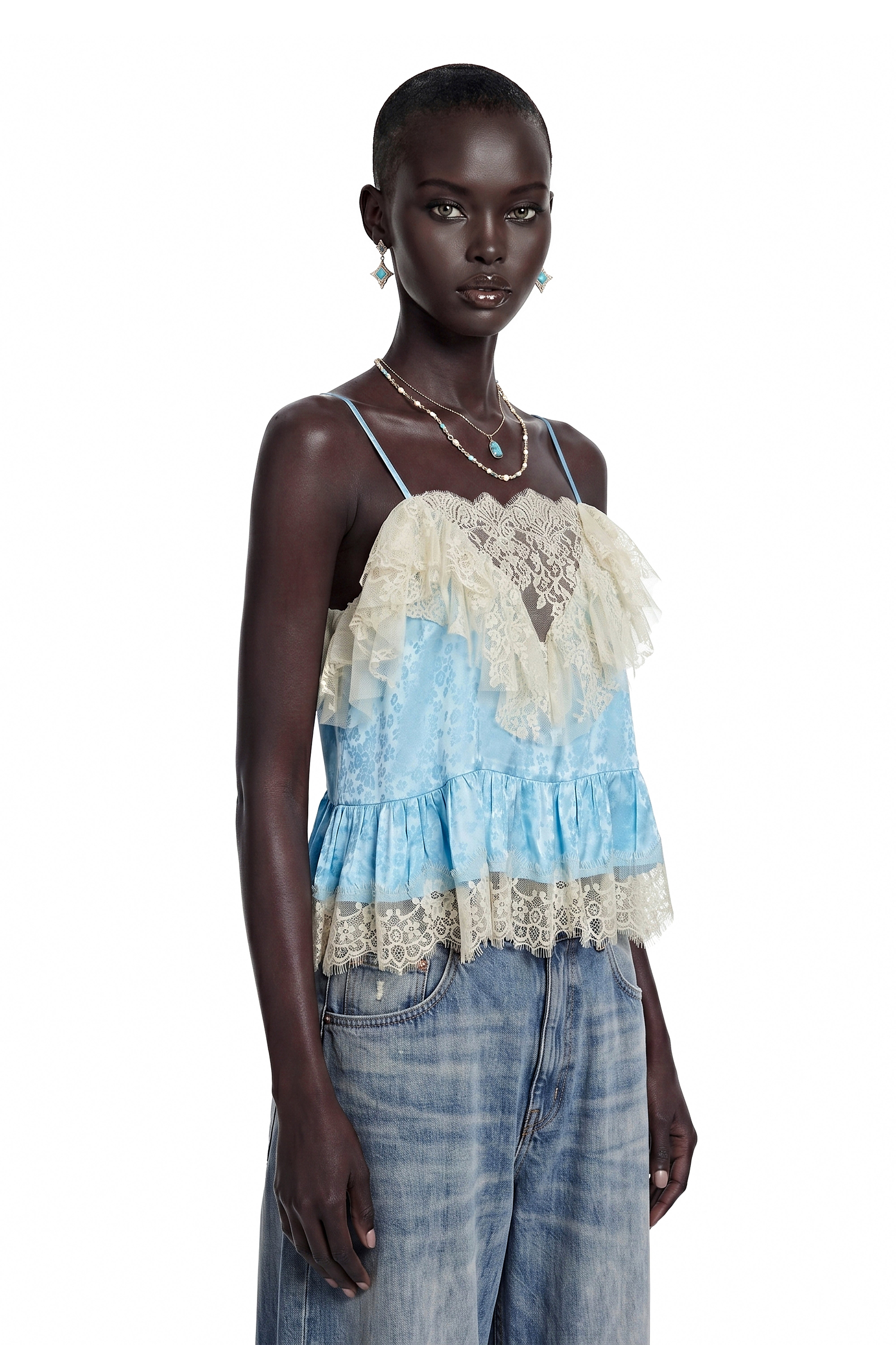 Alba Blue Spaghetti Straps Lace Detail Top