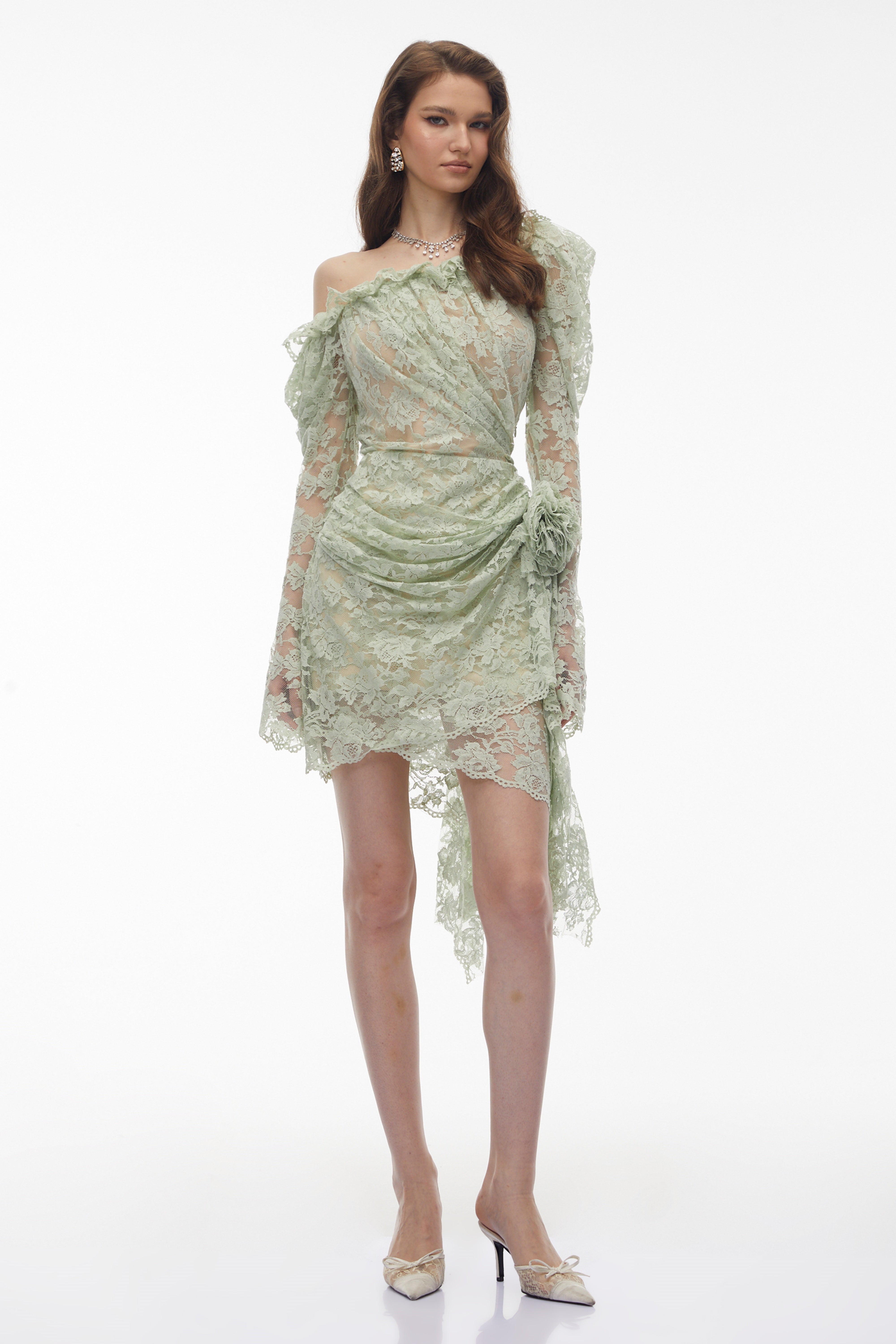 Asymmetrical Floral Lace Mini Dress