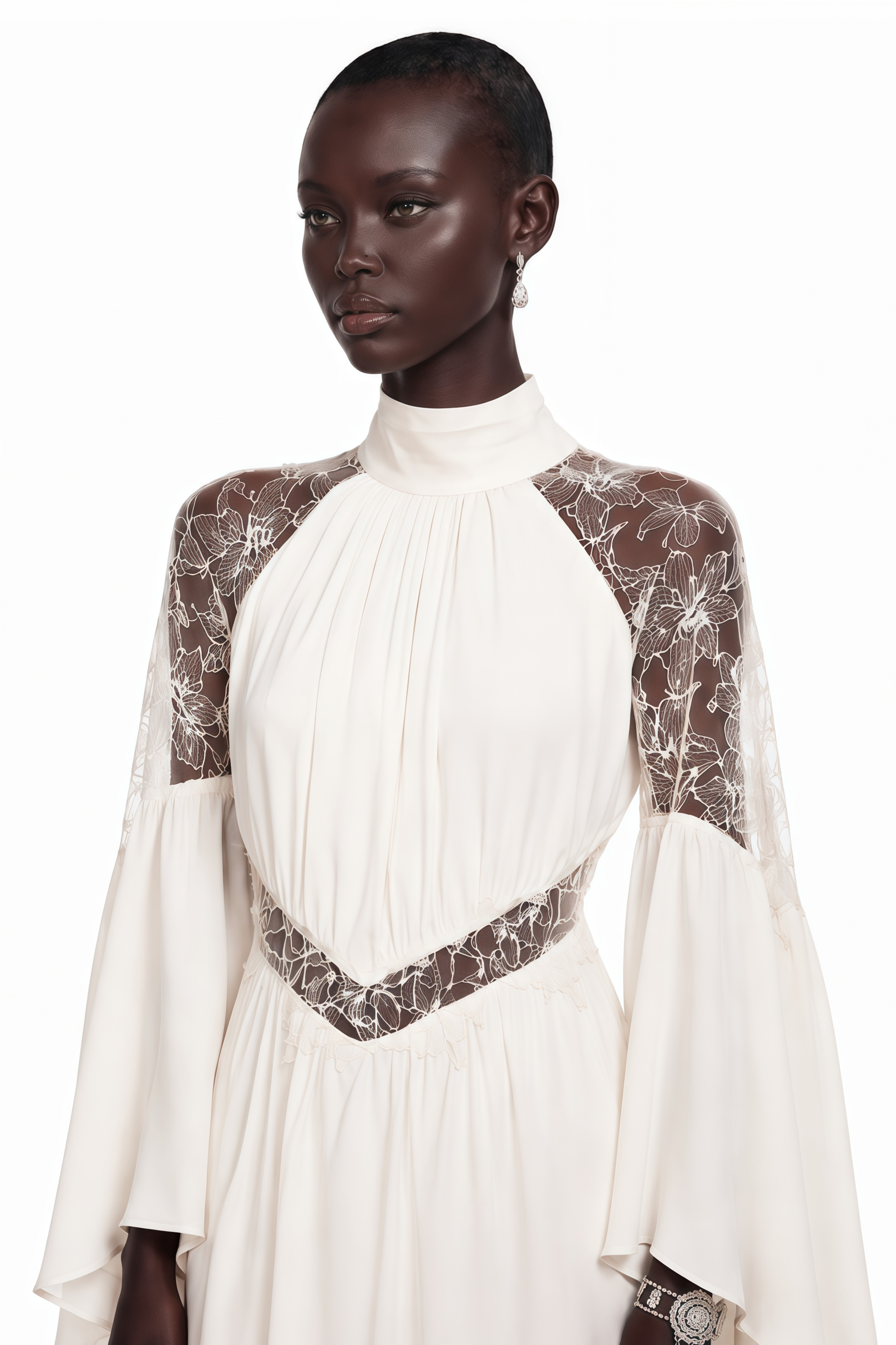 Amara White Pleated Maxi Dress with Flared Sleeves