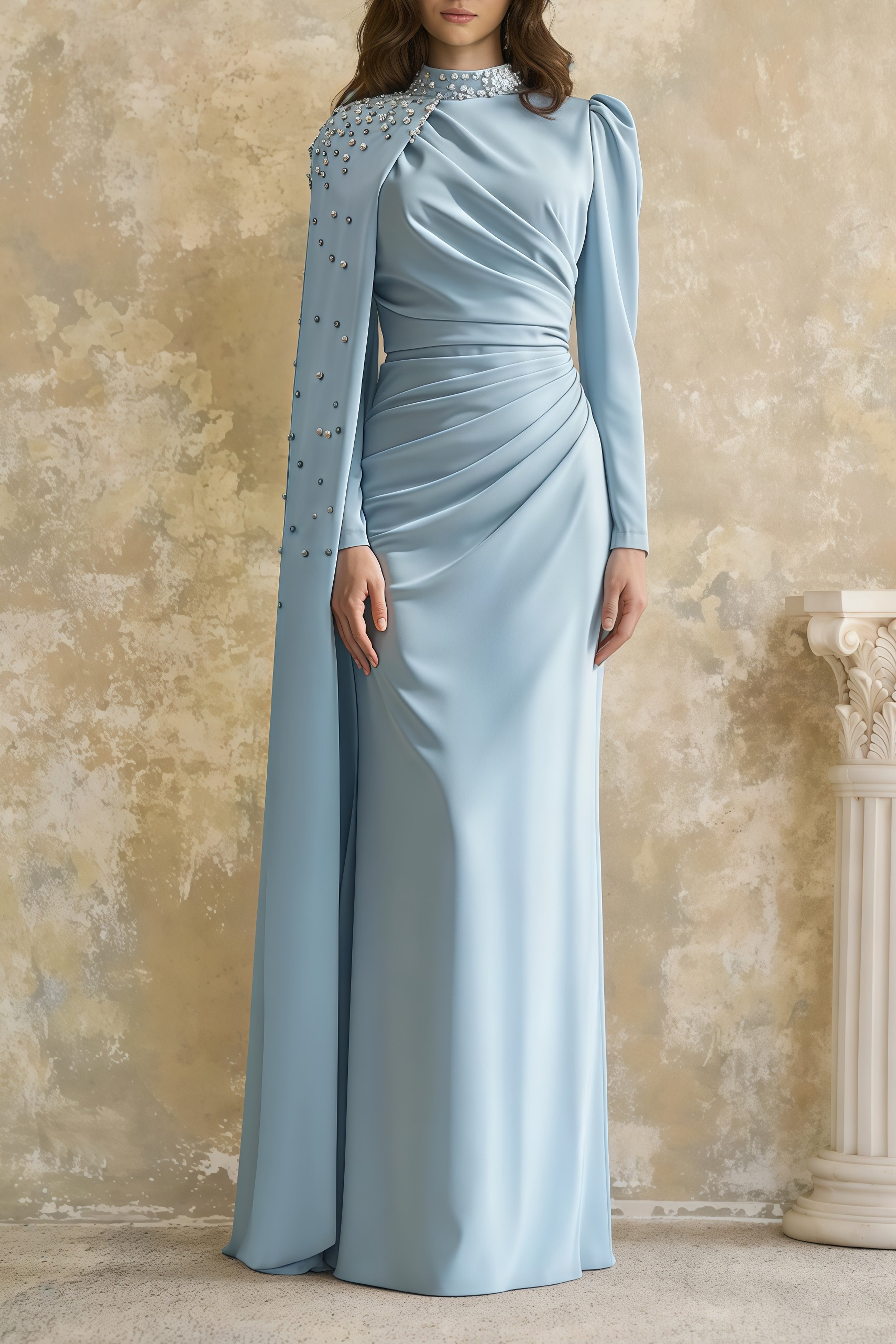 Andreea Blue Cape Maxi Dress with Embellishment (Final Sale-US Only)