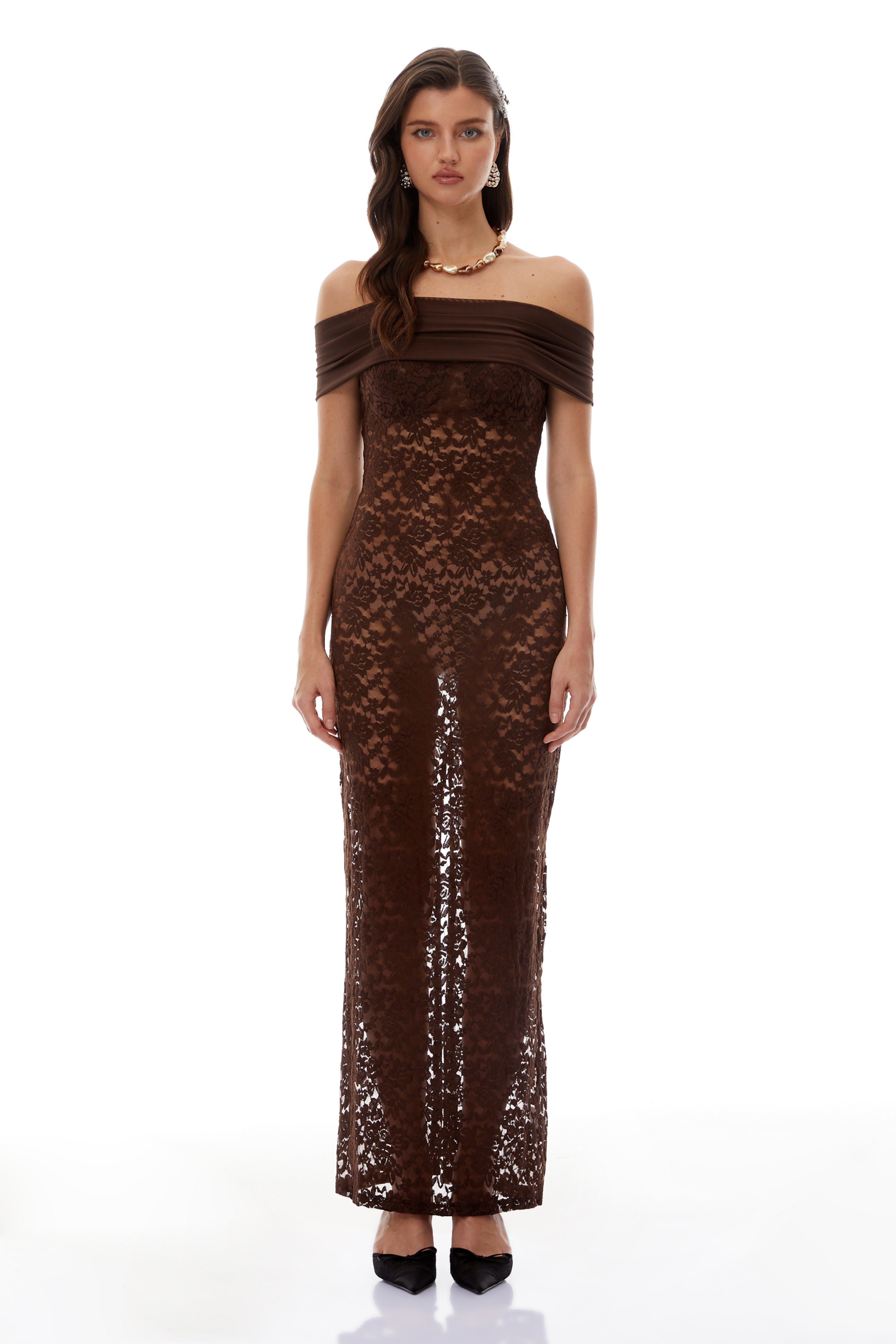 Angelina Brown Off Shoulder Floral Lace Maxi Dress (Final Sale)