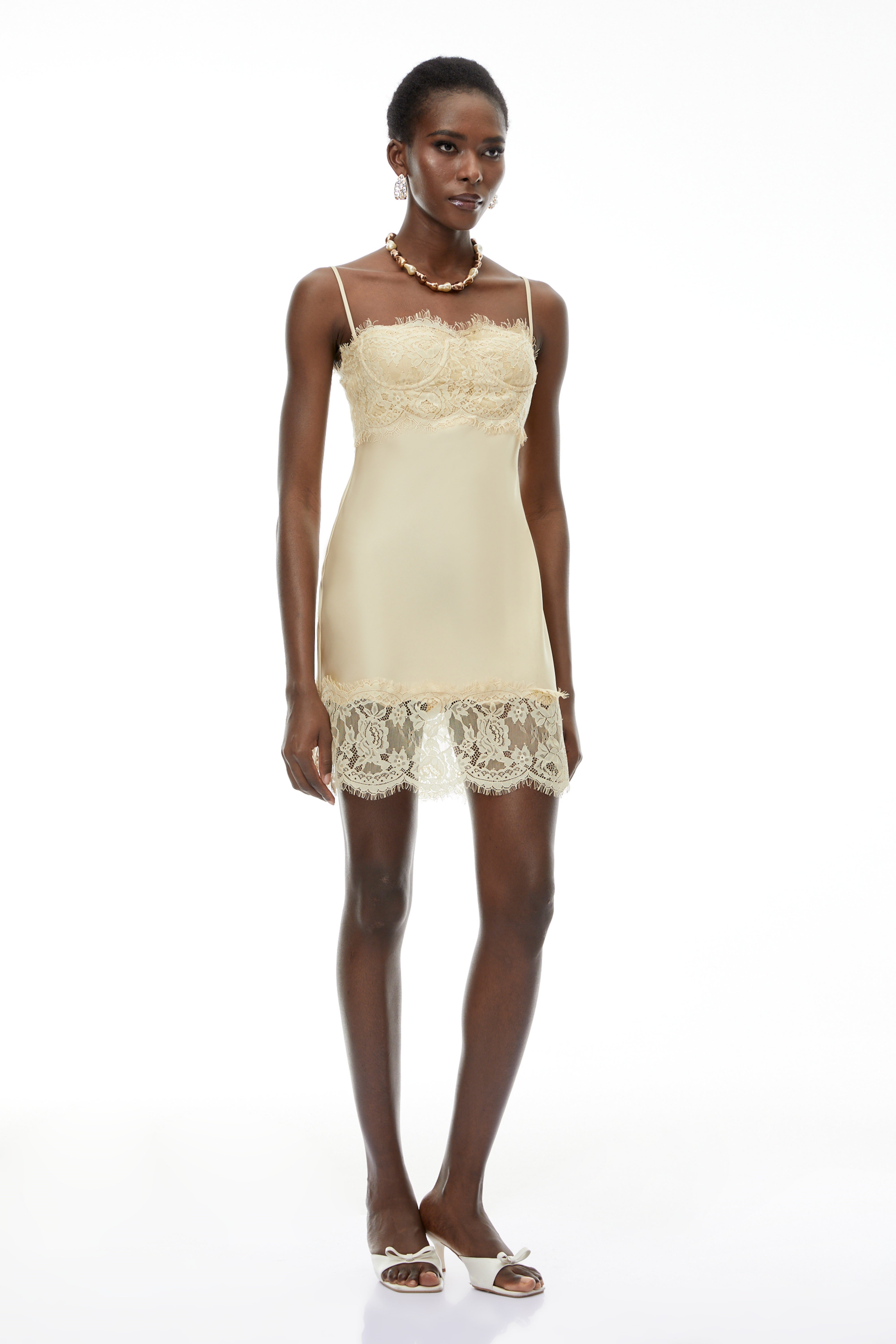 Anjelica Champagne Satin Mini Dress with Lace Panels