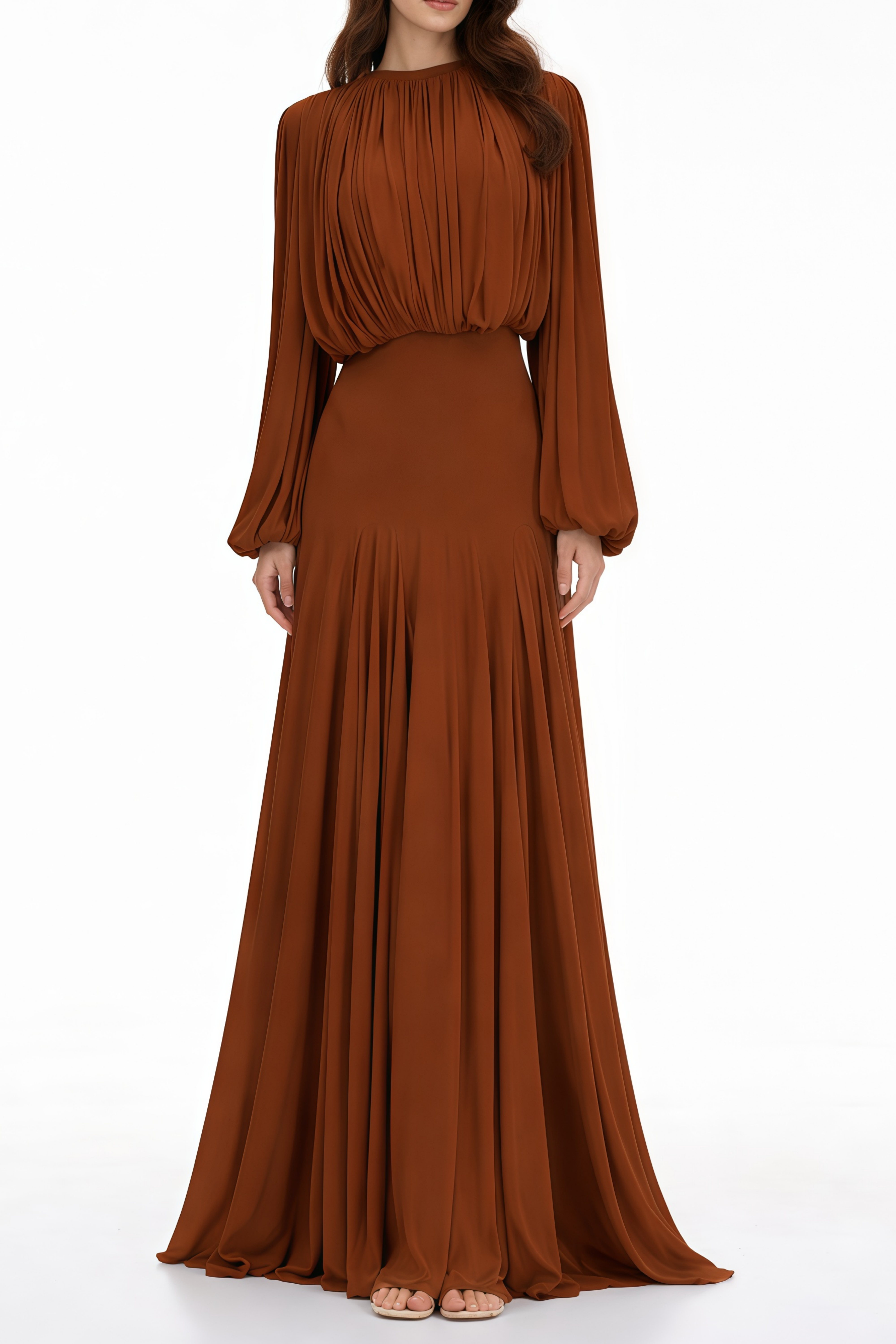 Brown Pleated Maxi Dress with Long Lantern Sleeves