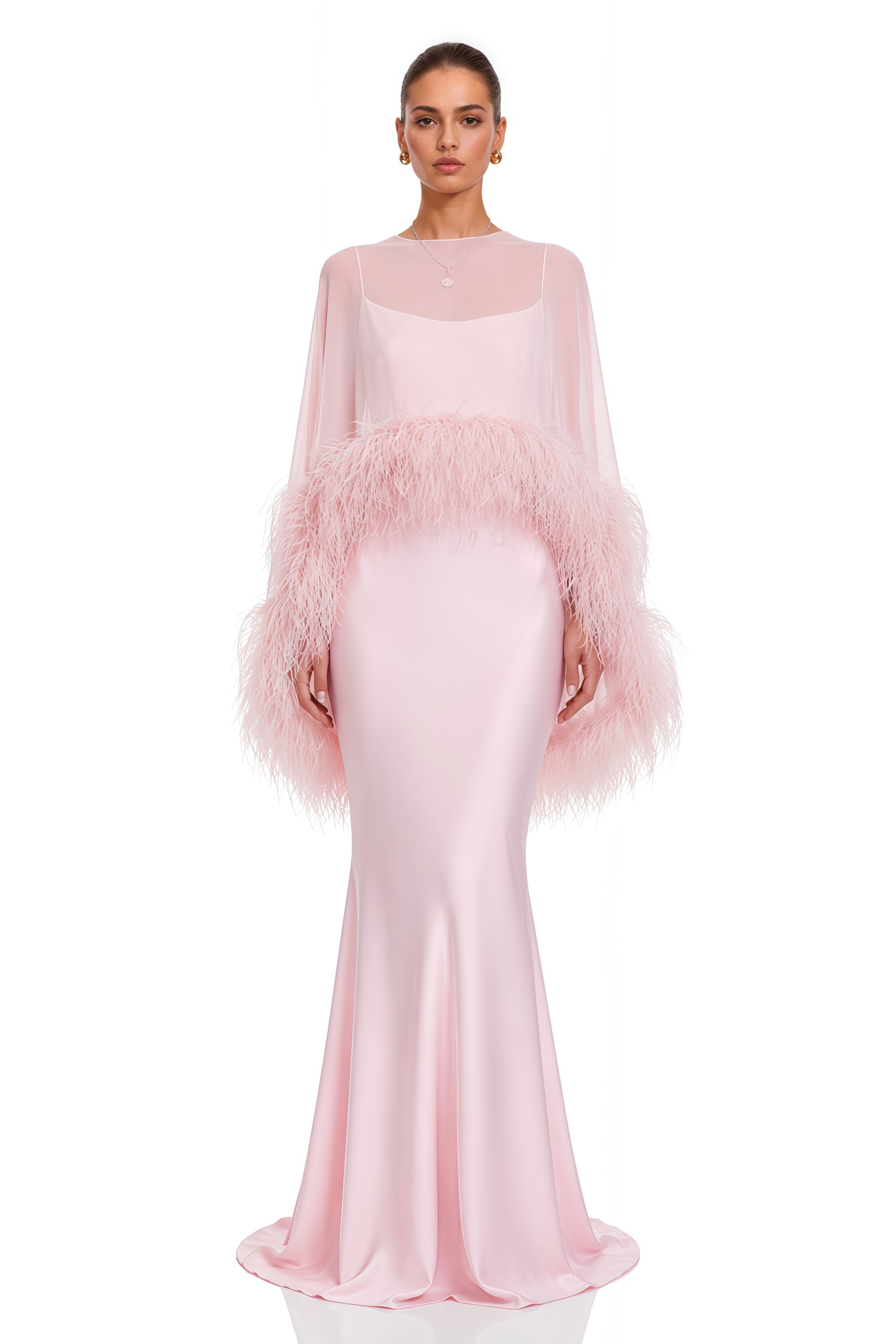 Araminta Pink Maxi Dress & Shawl Set with Feather Trim