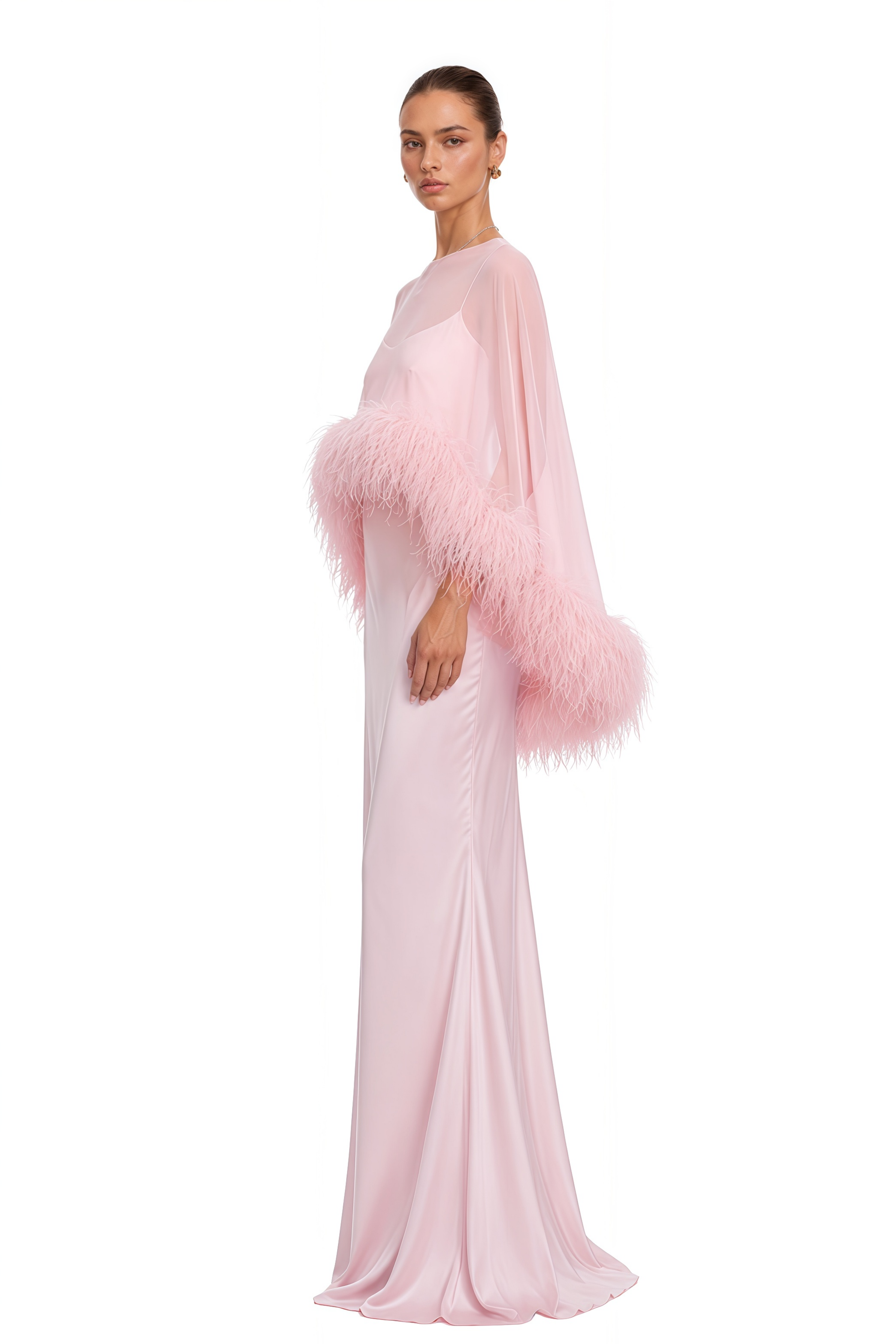 Araminta Pink Maxi Dress & Shawl Set with Feather Trim