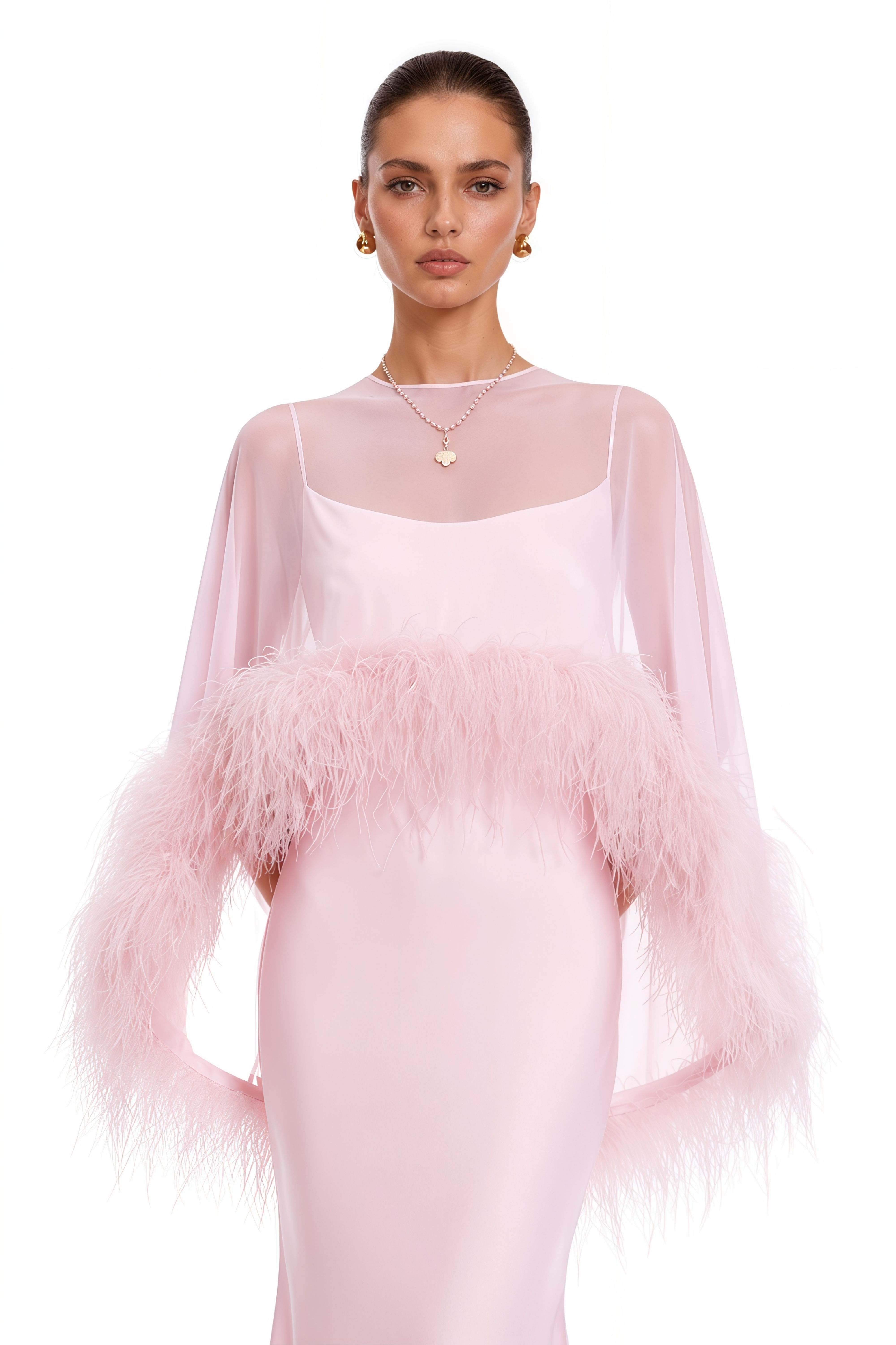 Araminta Pink Maxi Dress & Shawl Set with Feather Trim