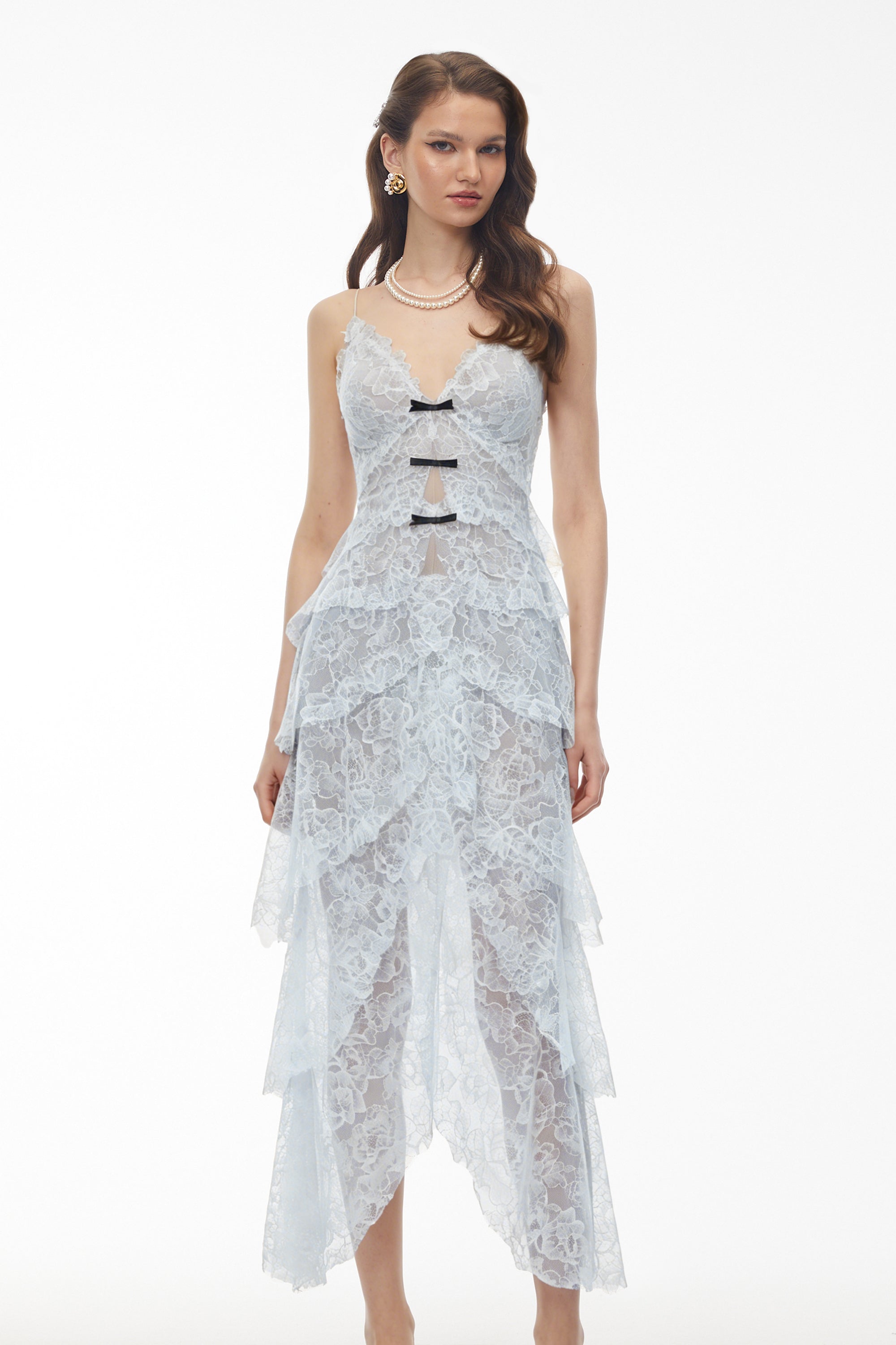Atousa Blue Layered Floral Lace Maxi Dress with Bow (Final Sale-US Only)