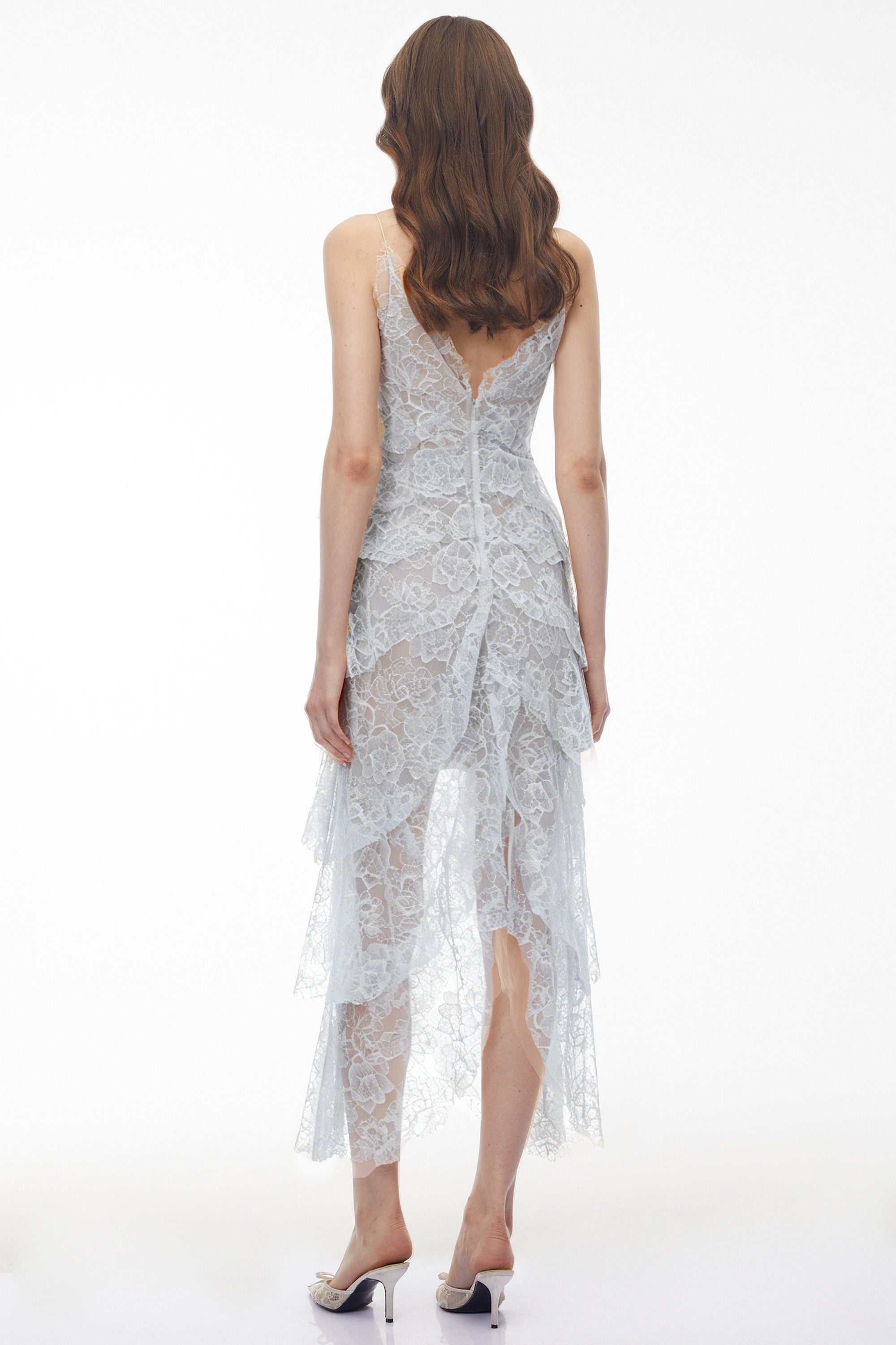 Atousa Blue Layered Floral Lace Maxi Dress with Bow (Final Sale)