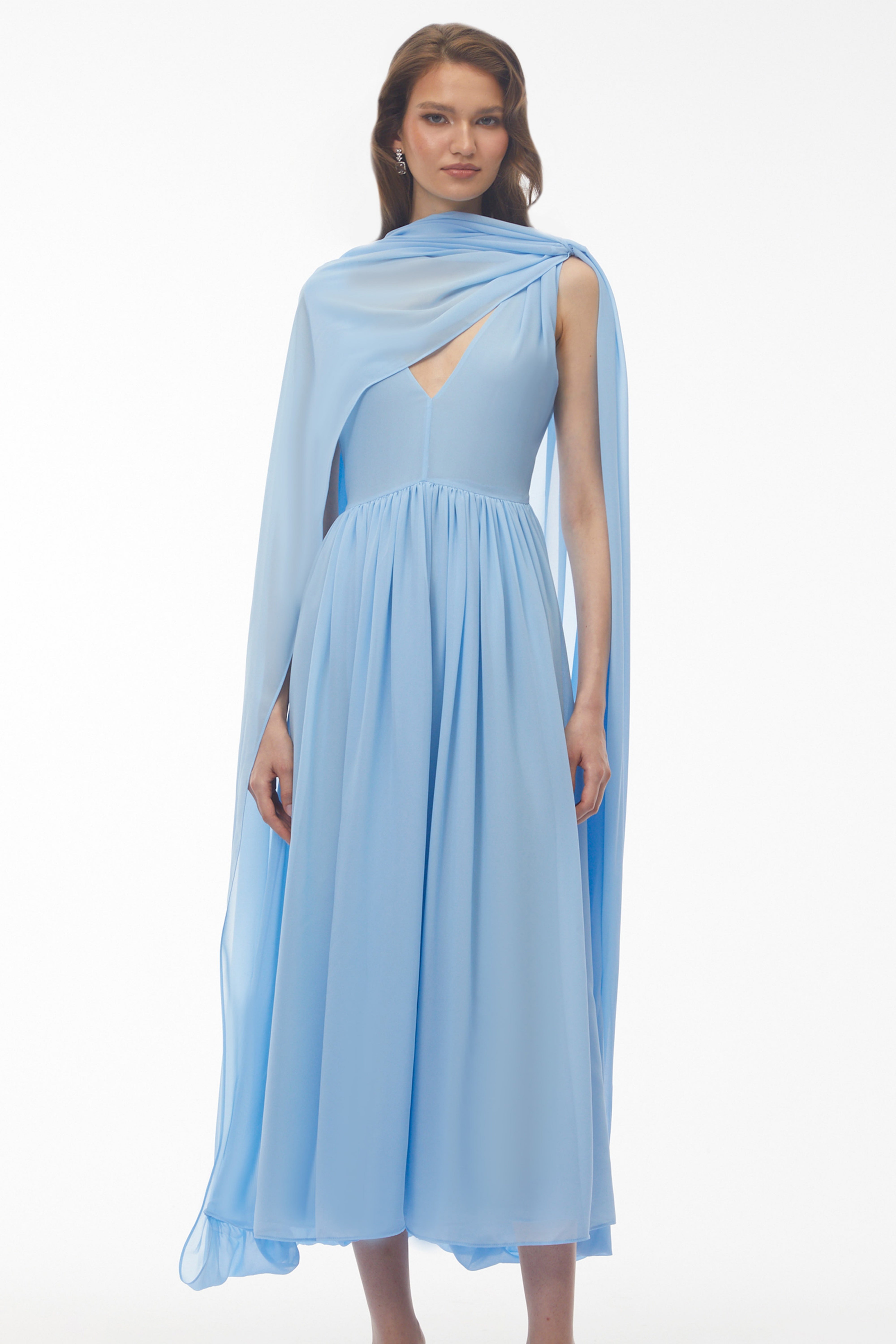 Beatrice Blue Ruched Midi Dress with Oversized Cape (Final Sale-US Only)