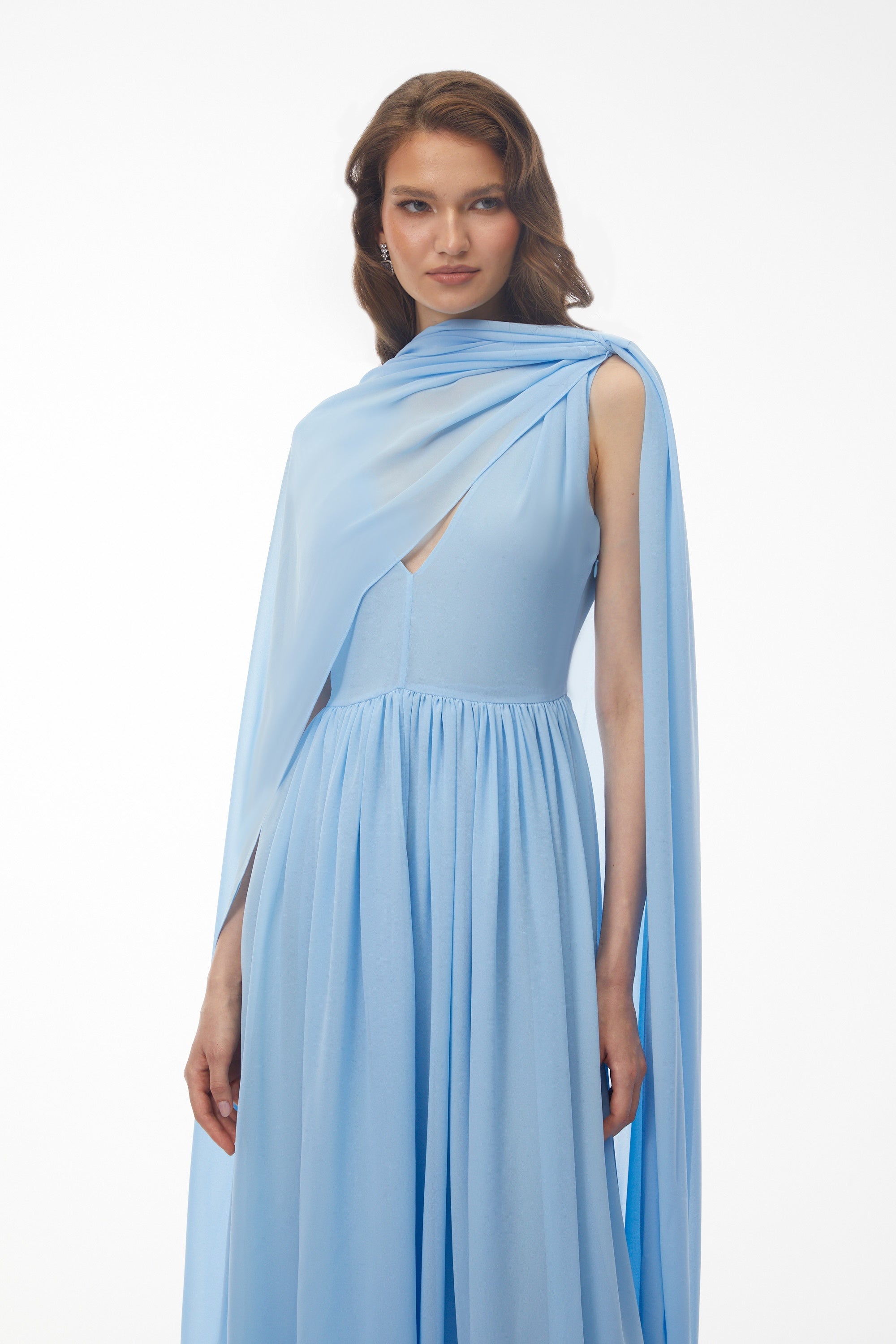Beatrice Blue Ruched Midi Dress with Oversized Cape (Final Sale-US Only)