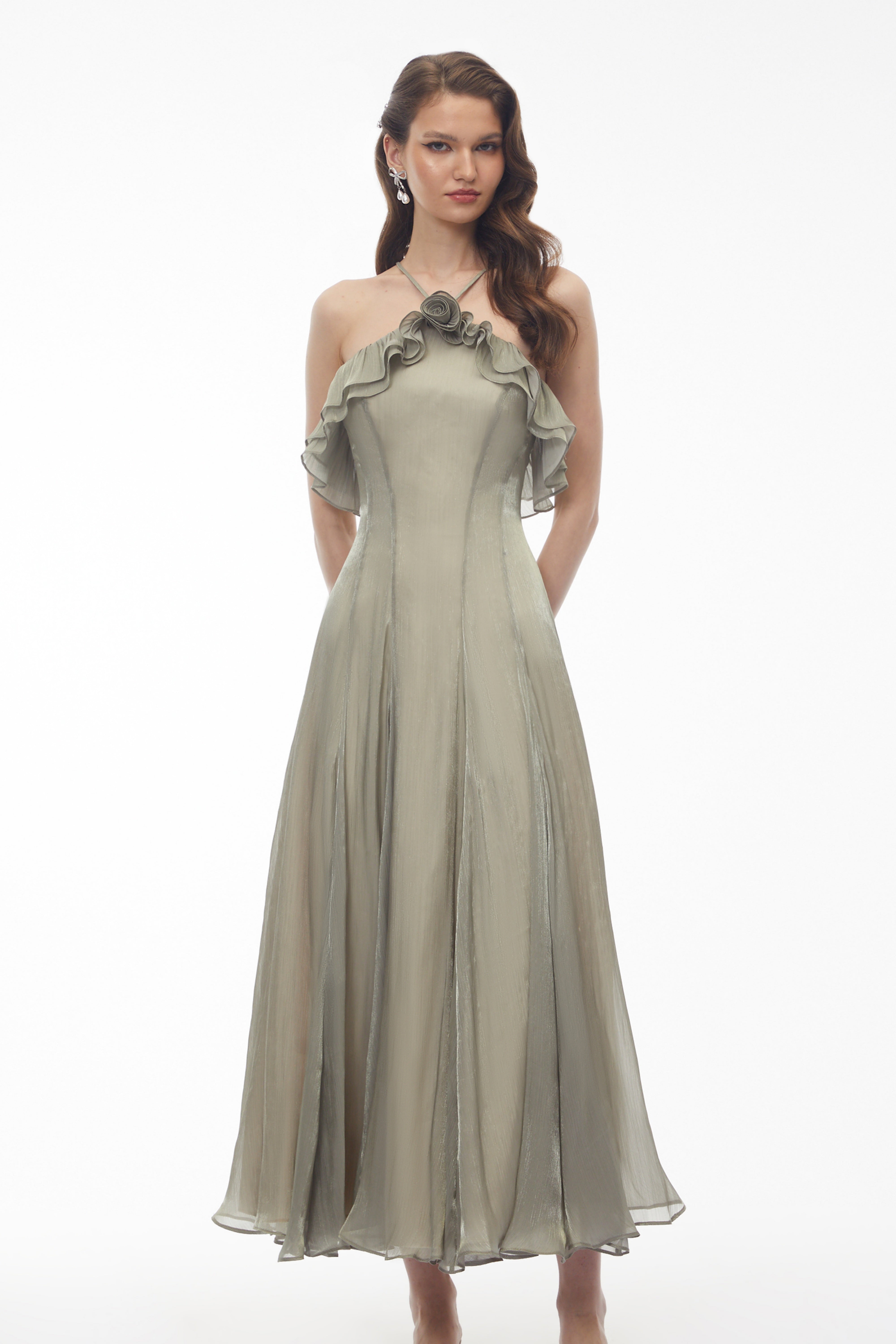 Bianka Green Pleated Maxi Dress with 3D Florals (Final Sale-US Only)
