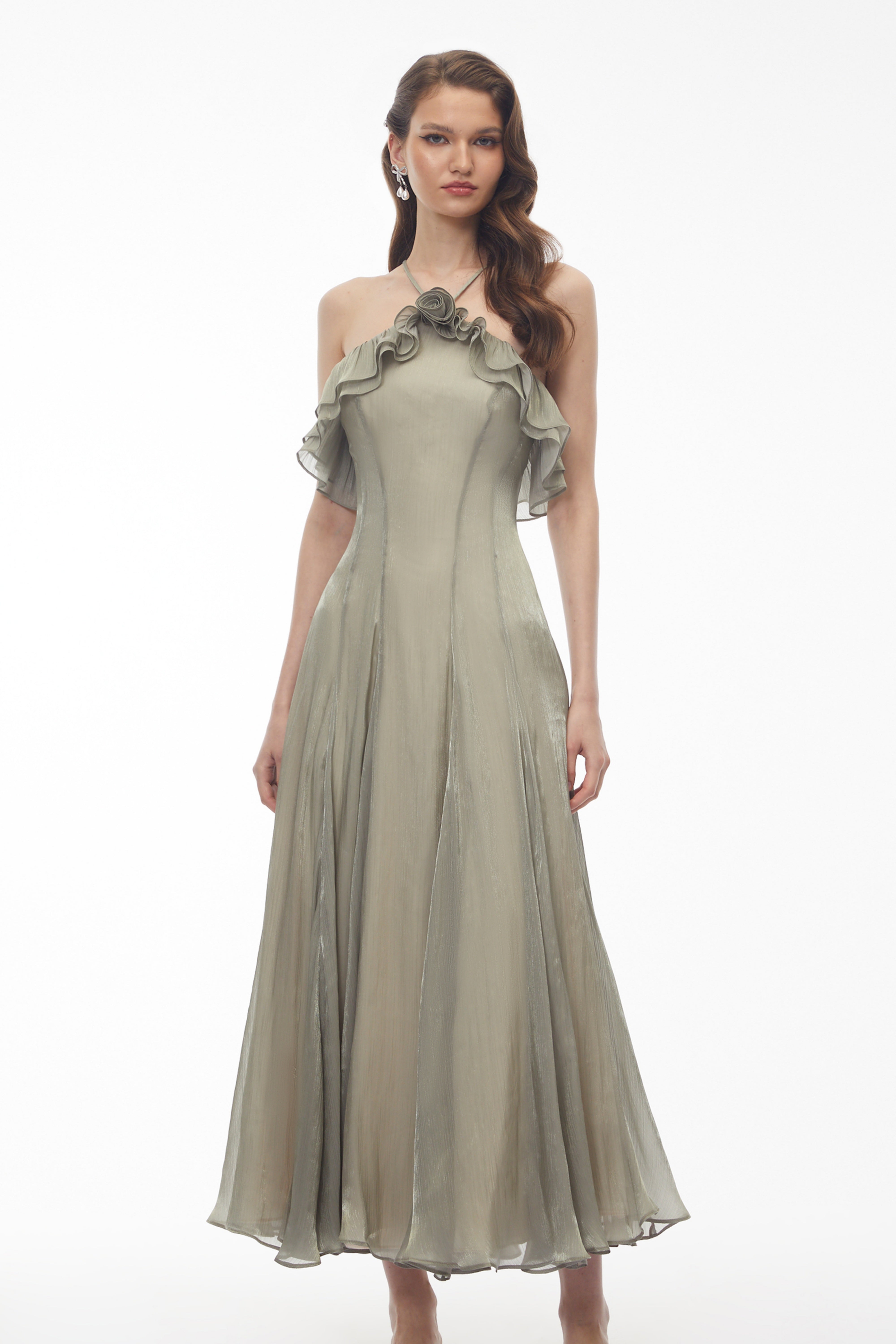 Bianka Green Pleated Maxi Dress with 3D Florals (Final Sale)