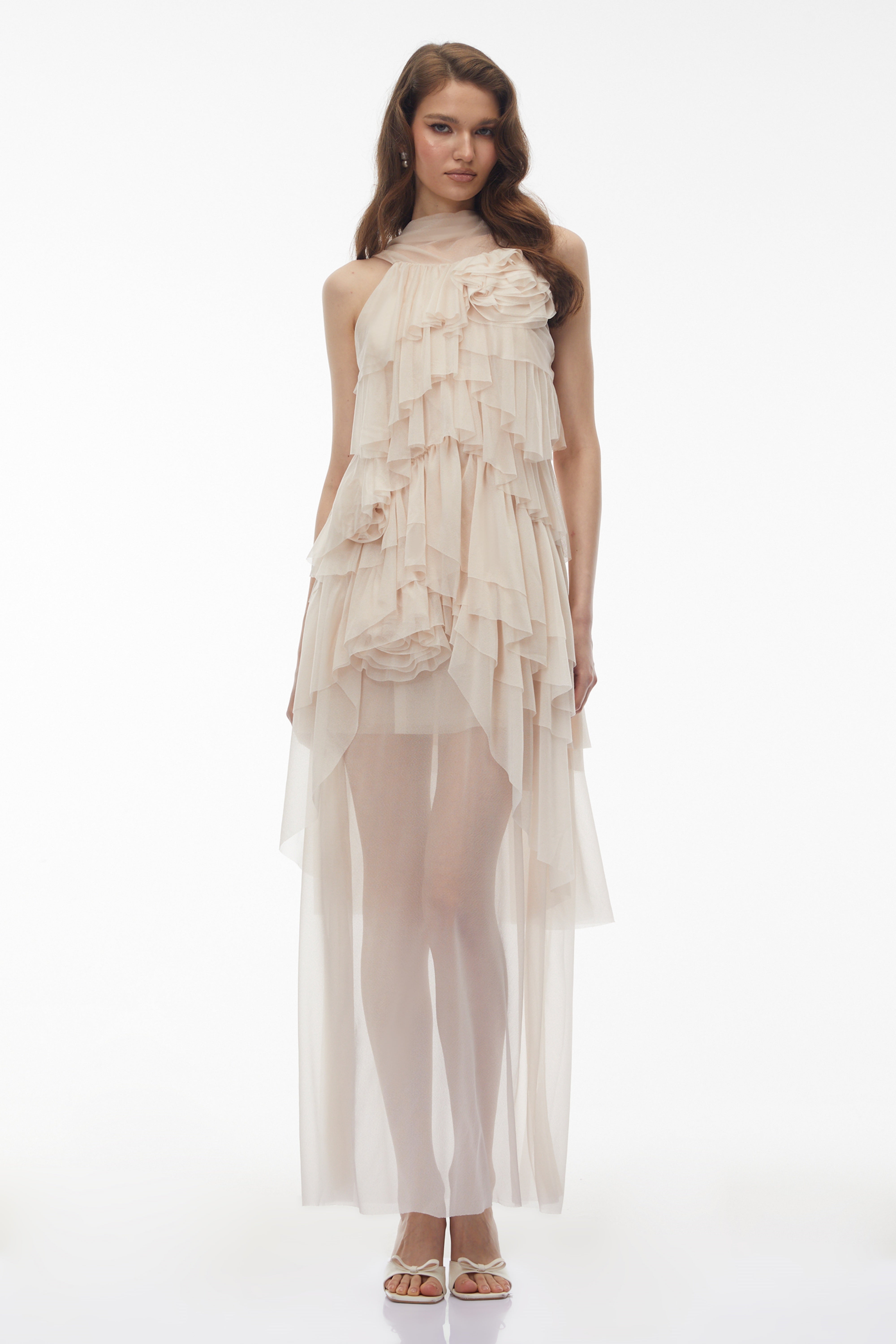 Blanche Neutral Floral Ruffled Maxi Dress (Final Sale-US Only)